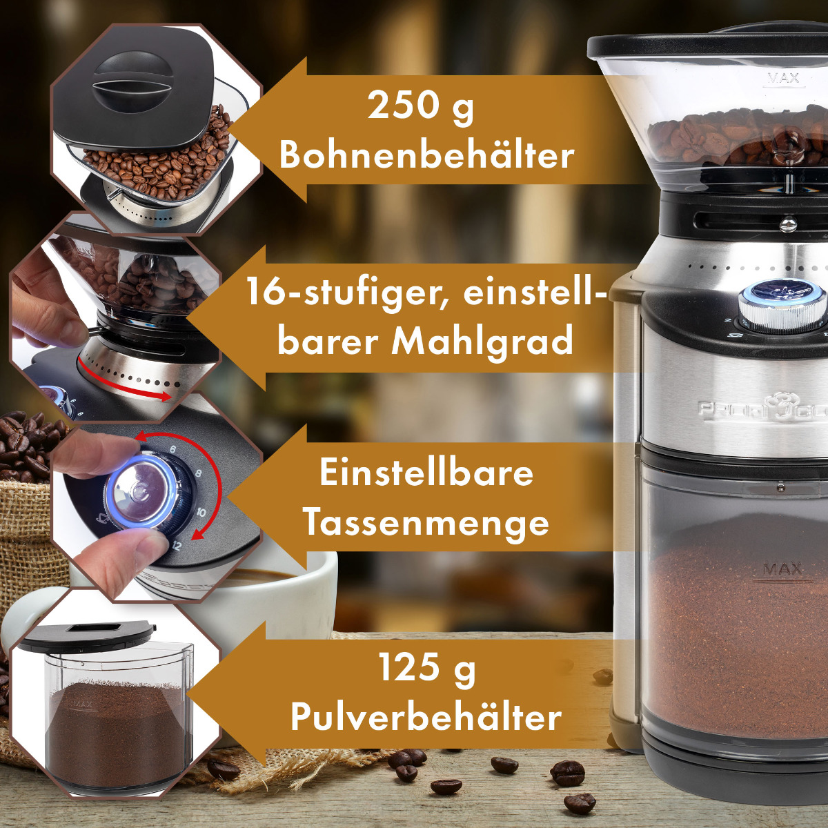 PROFICOOK PC-EKM 1205 Kaffeemühle Watt, (200 Edelstahl-Kegelmahlwerk) Silber