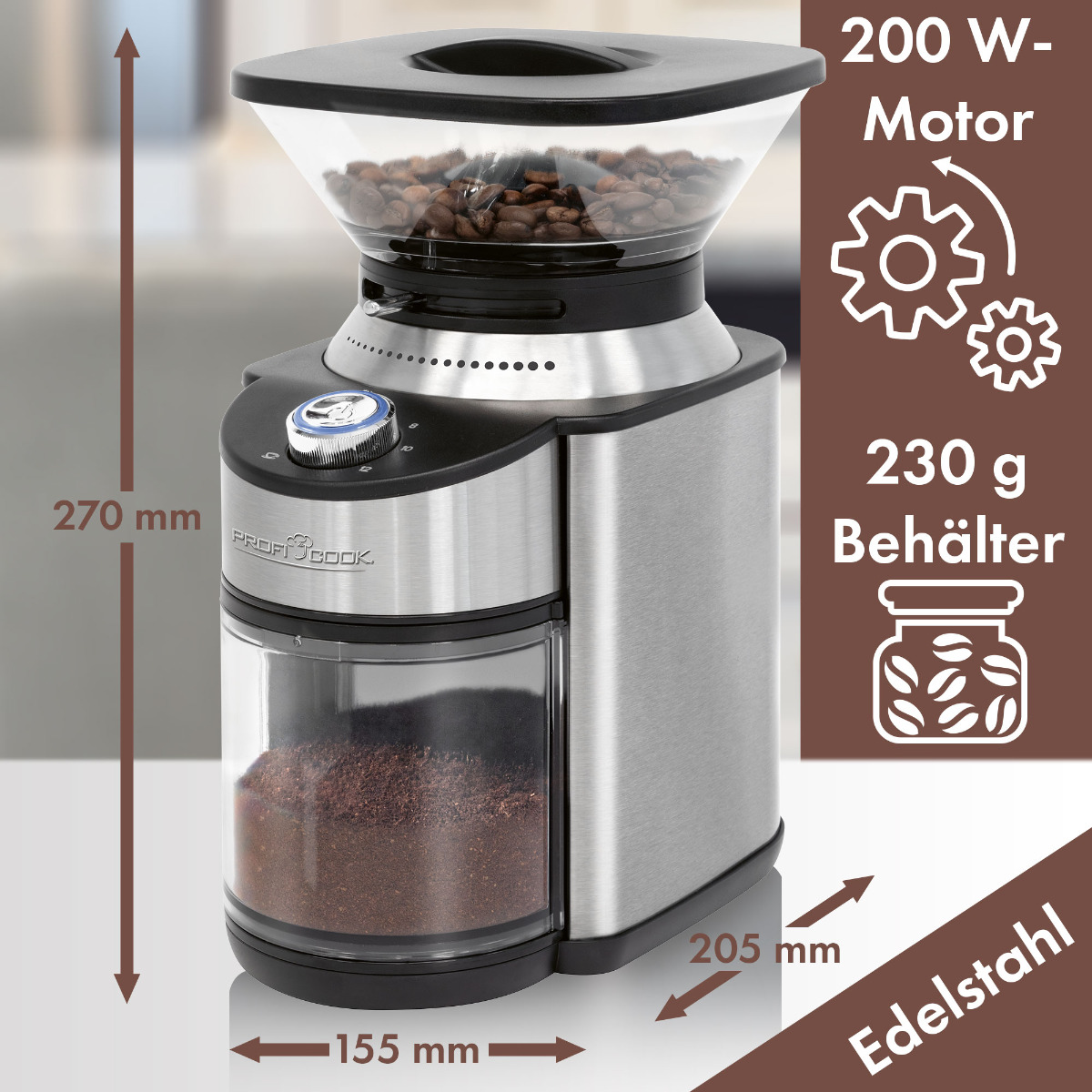 PROFICOOK PC-EKM 1205 Kaffeemühle Watt, (200 Edelstahl-Kegelmahlwerk) Silber