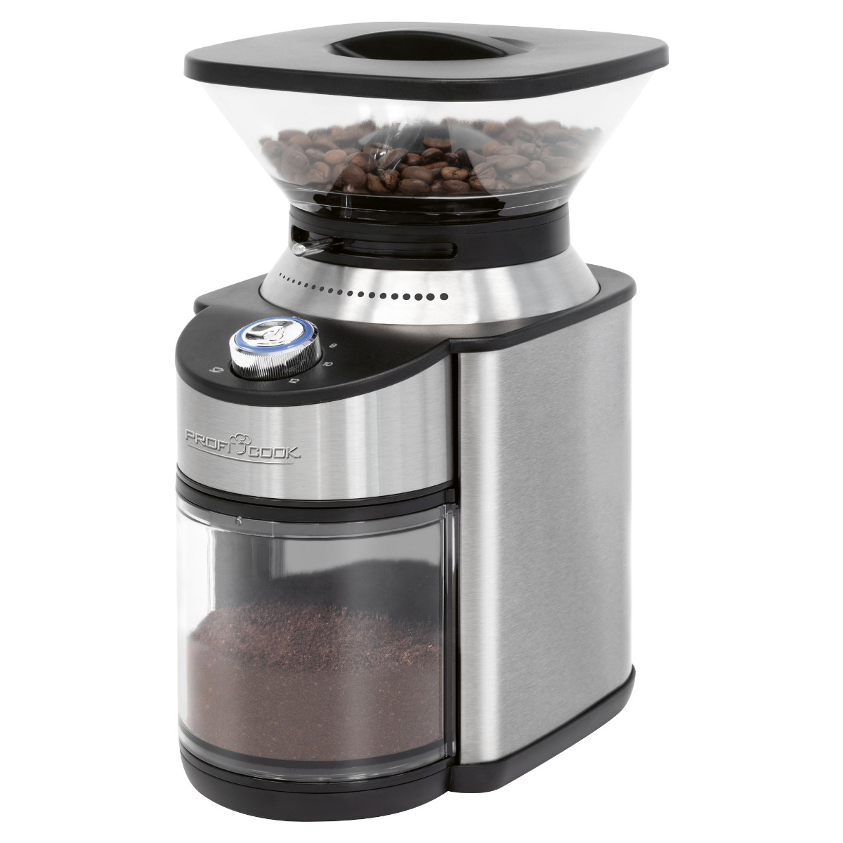 Kaffeemühle 1205 Watt, Silber Edelstahl-Kegelmahlwerk) PROFICOOK (200 PC-EKM