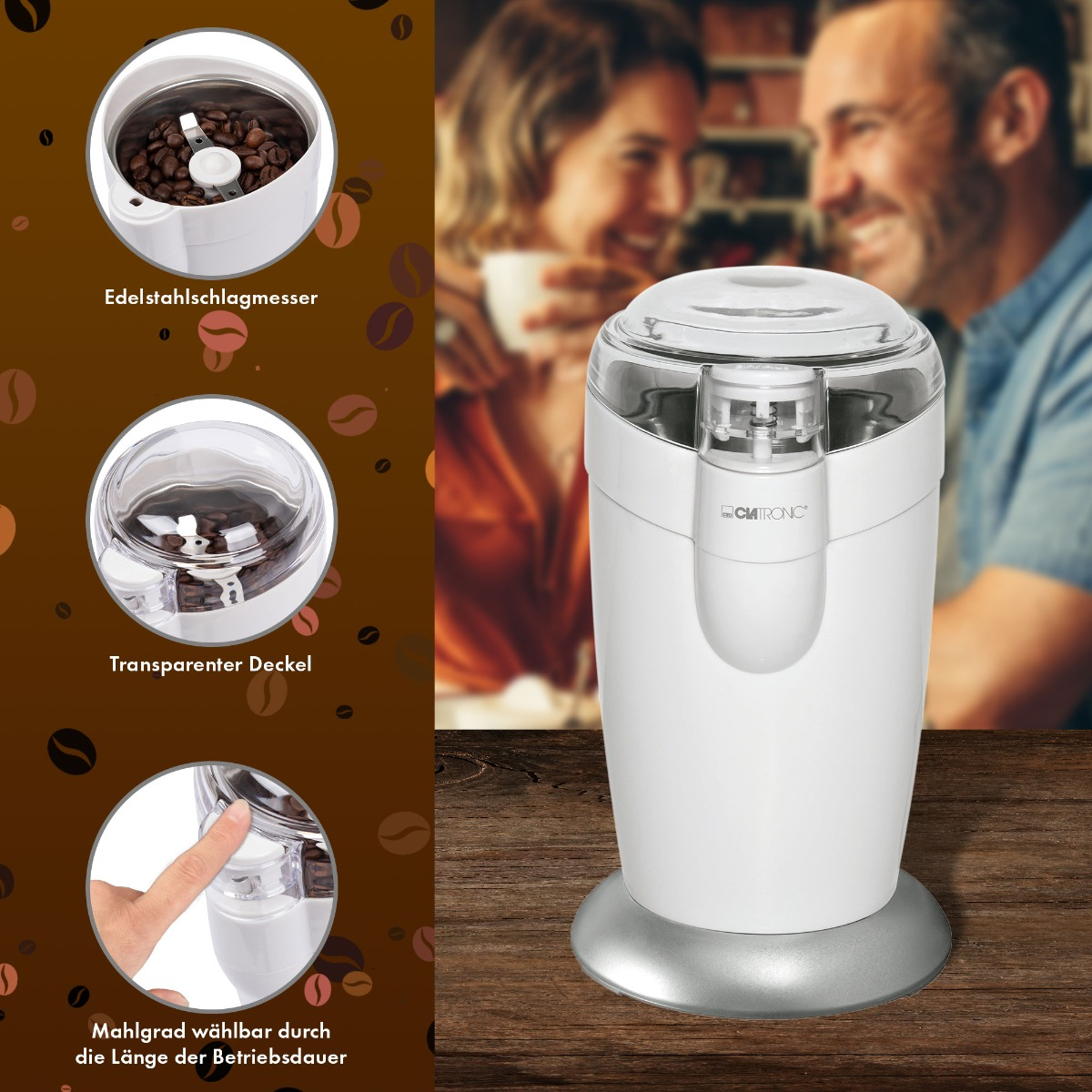 Biały młynek do kawy ze szczegółami: ziarna, pokrywa i przycisk. Tło: para.