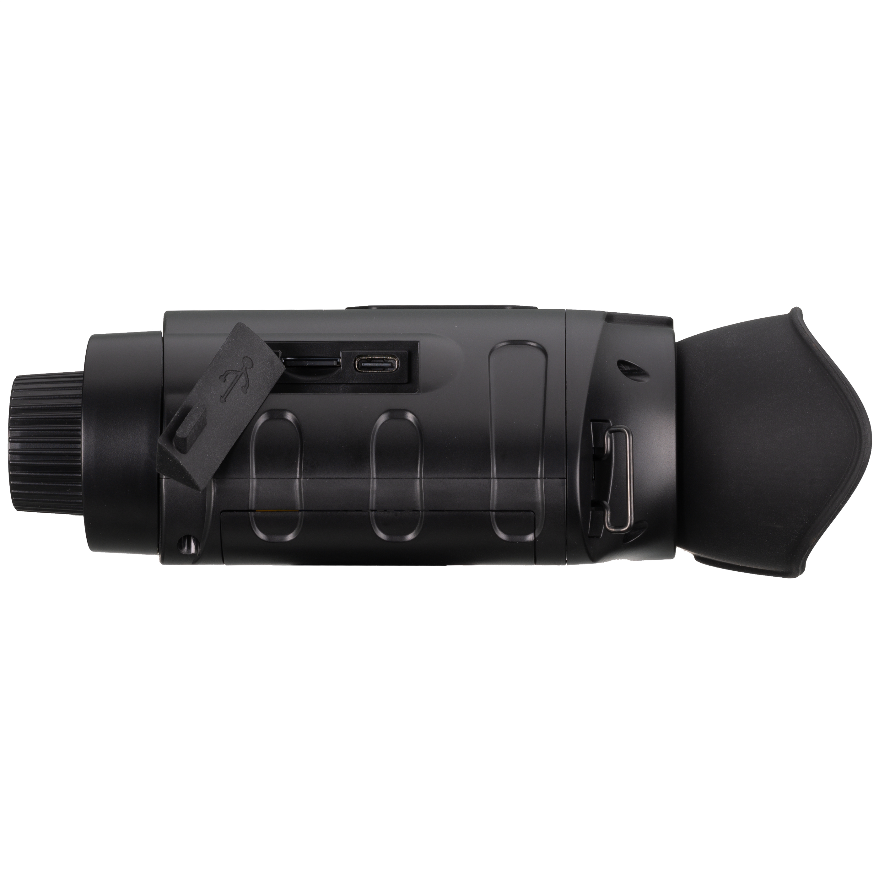 Dispositivo de visión nocturna negro con varios puertos y una copa ocular.