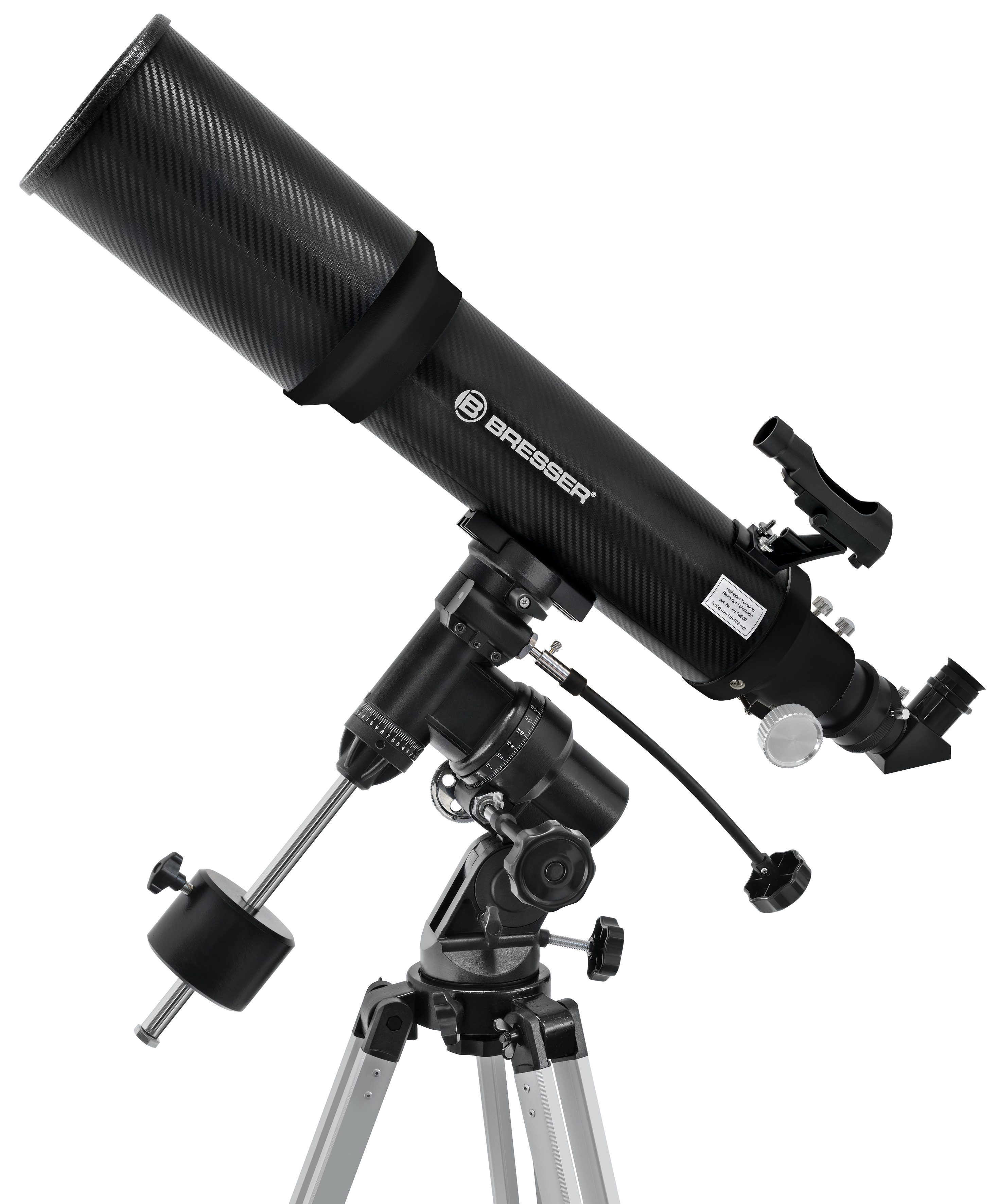 Telescopio negro y plateado sobre trípode. La lente es de fibra de carbono.