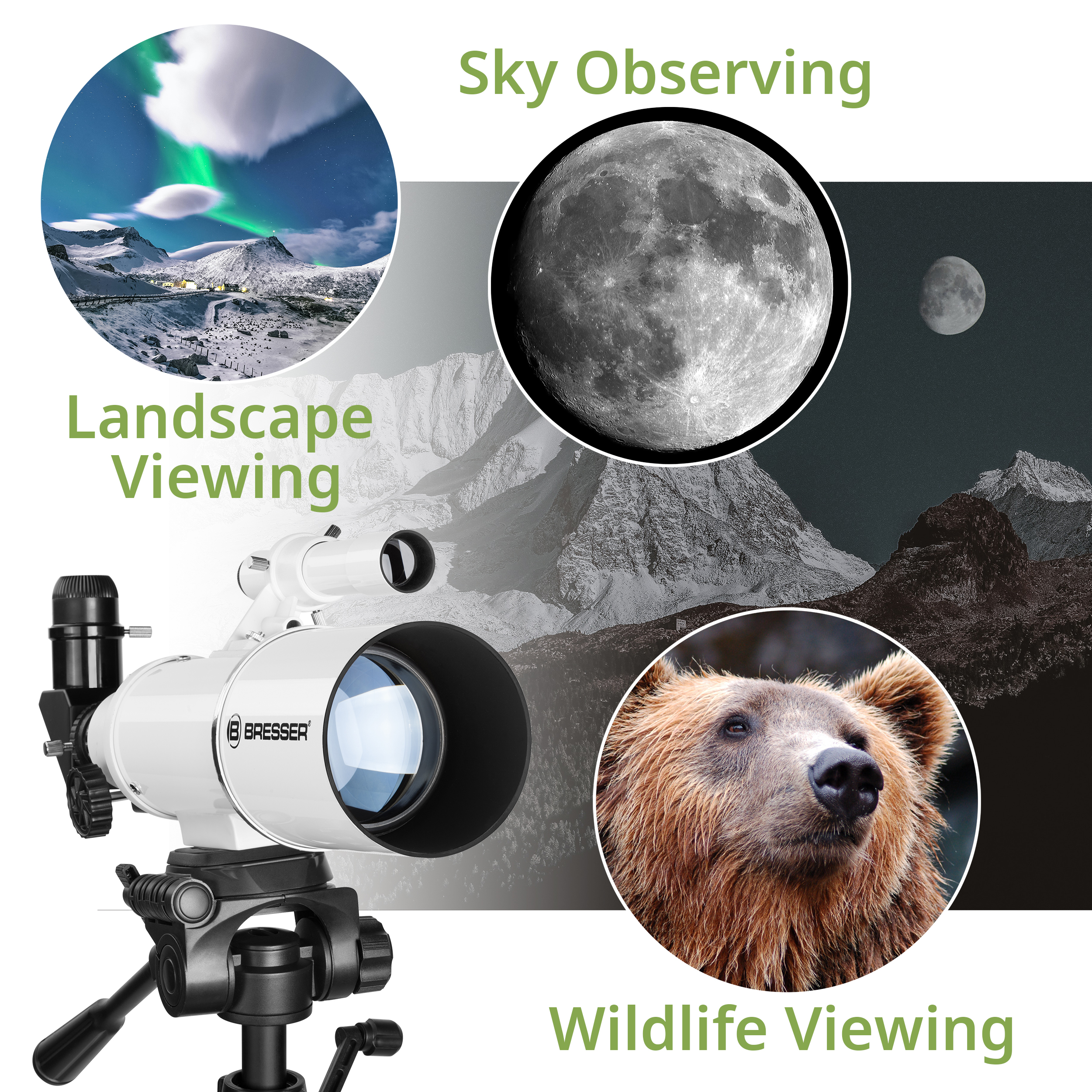 Telescopio con imágenes de paisaje, luna y oso. Incluye etiquetas para observación del cielo, paisaje y vida silvestre.
