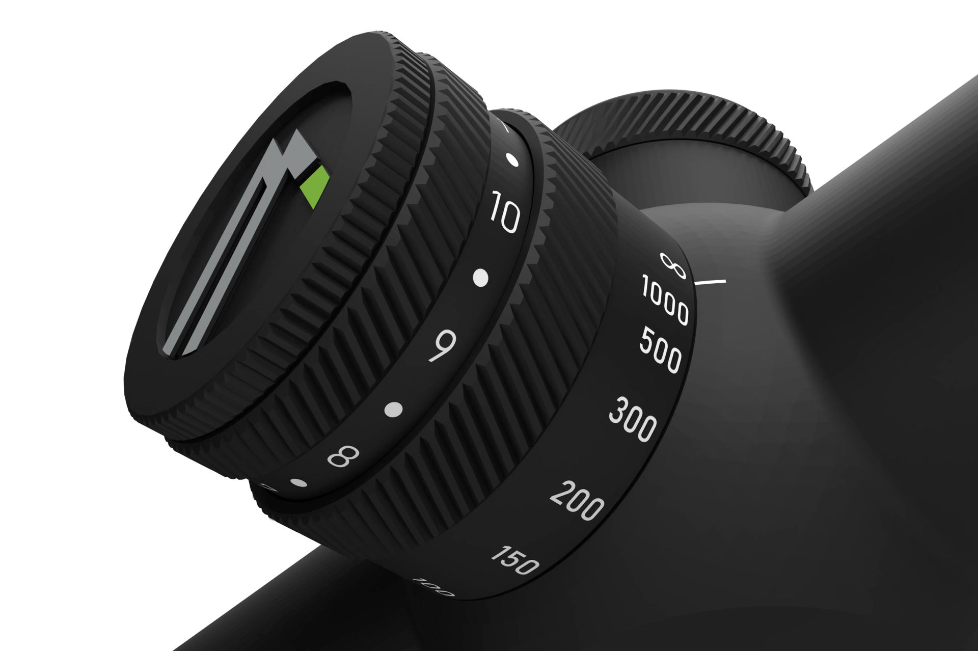 Primer plano del dial de ajuste de un visor negro con números y marcas.