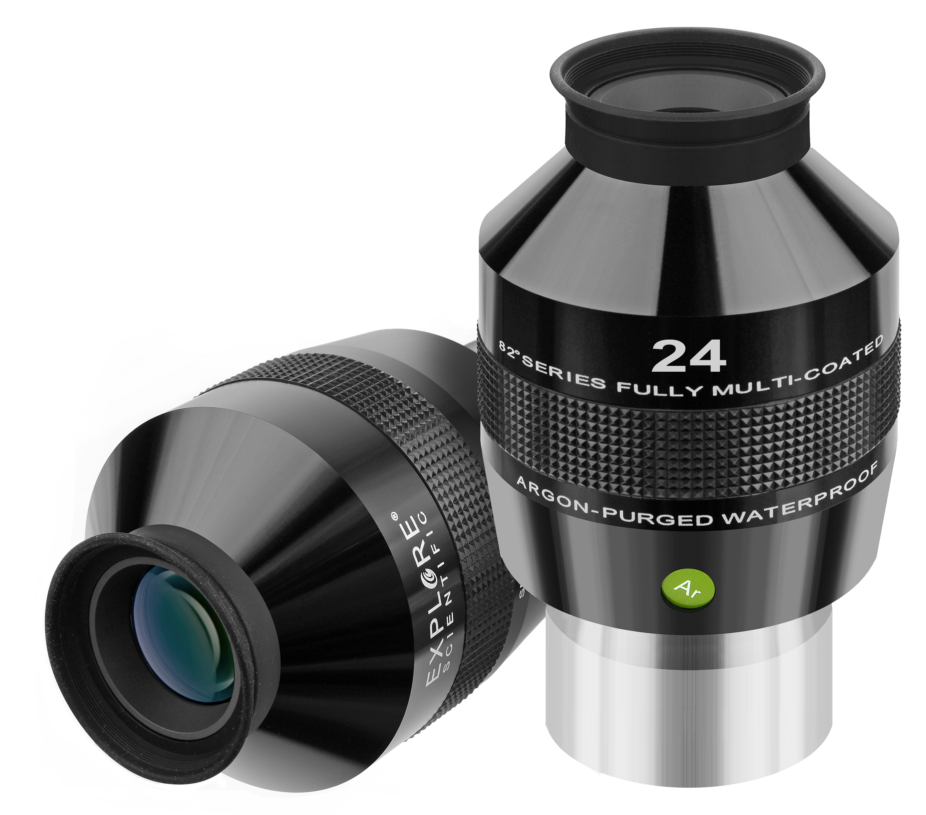 Dos oculares de telescopio negros con etiquetas.