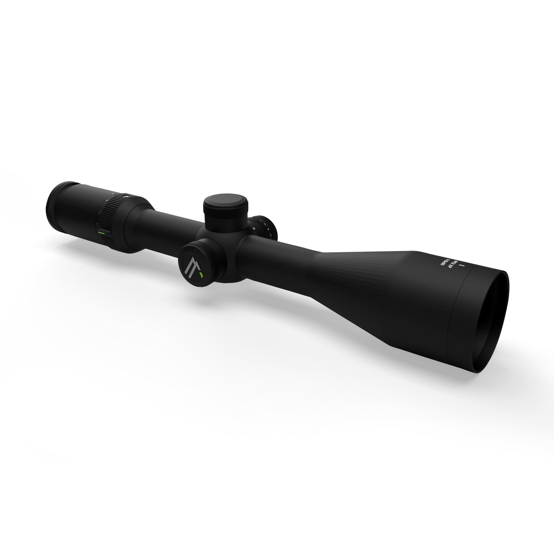 Un visor de rifle negro con detalles verdes y negros, sobre un fondo blanco.