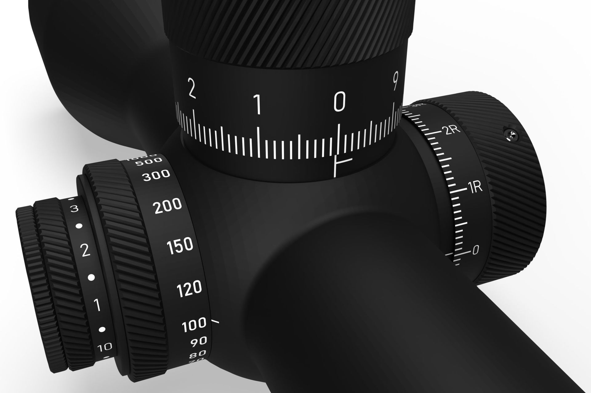 Primer plano de un visor negro con diales numerados y ajustes.