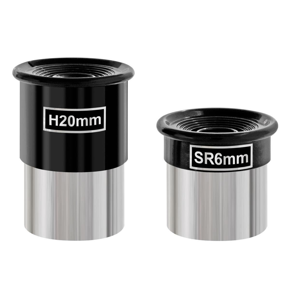 Dos oculares de telescopio negros con bases plateadas, etiquetados como 'H20mm' y 'SR6mm'.