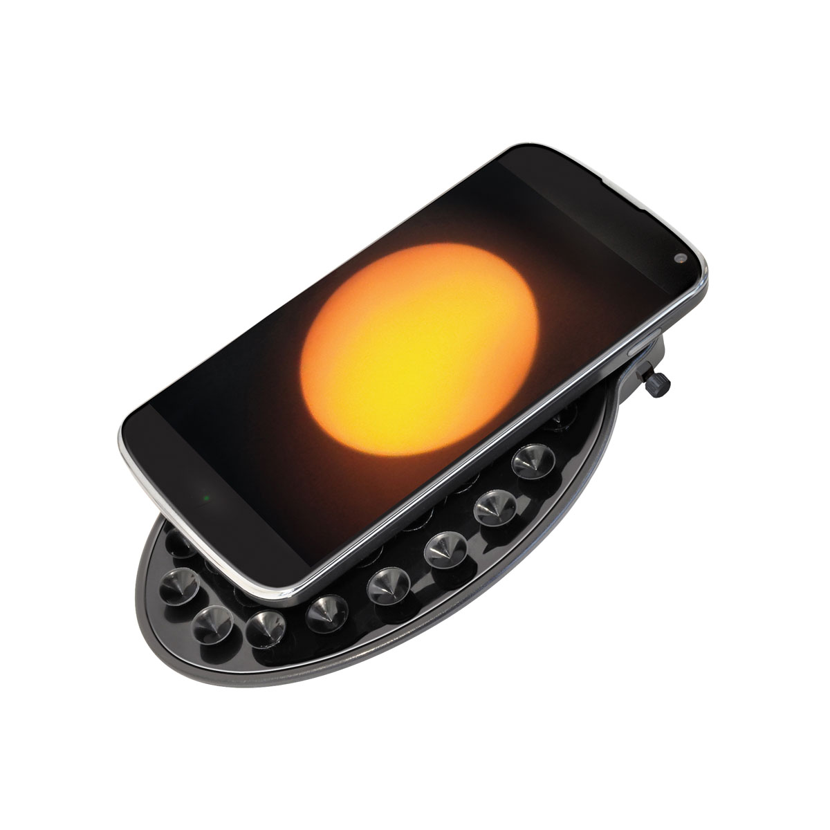 Ein Smartphone auf einem schwarzen Ständer, das einen hellorangen Kreis zeigt.