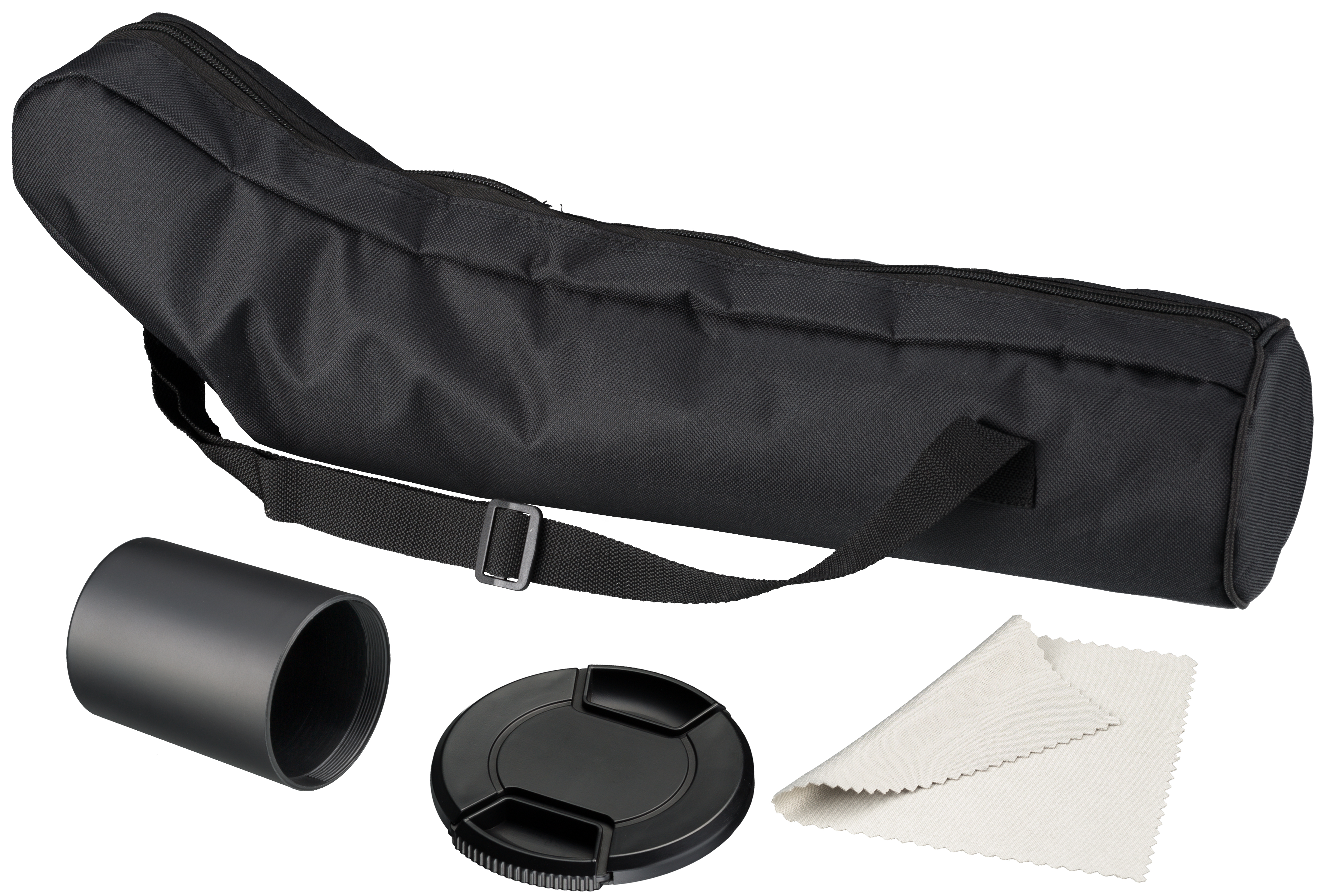 Funda de telescopio negra, tubo negro, tapa de lente negra y paño de limpieza blanco.