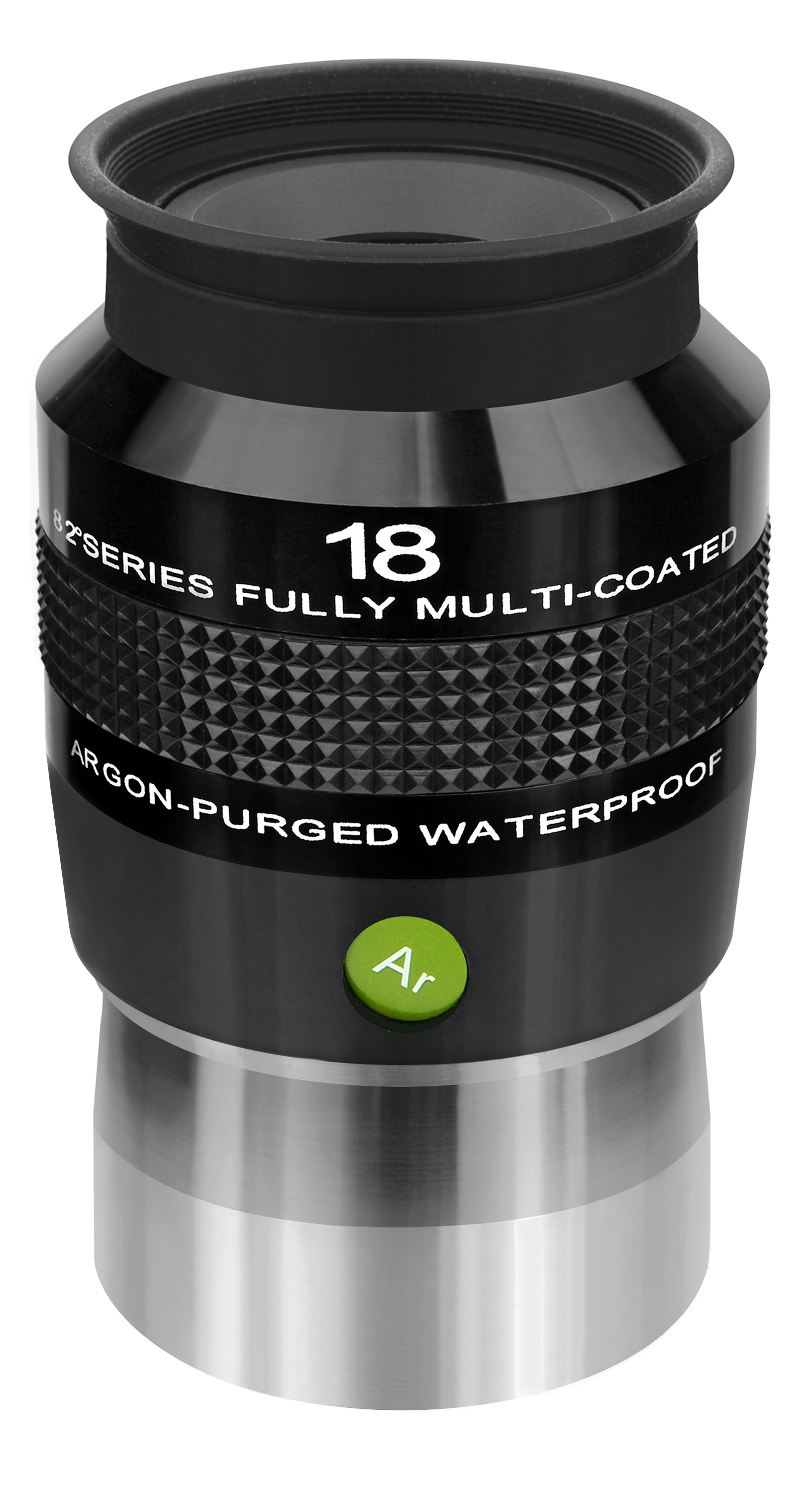 Schwarzes Teleskopokular mit silbernem Sockel, beschriftet mit '18', 'B2 series' und 'Argon-Purged Waterproof'.