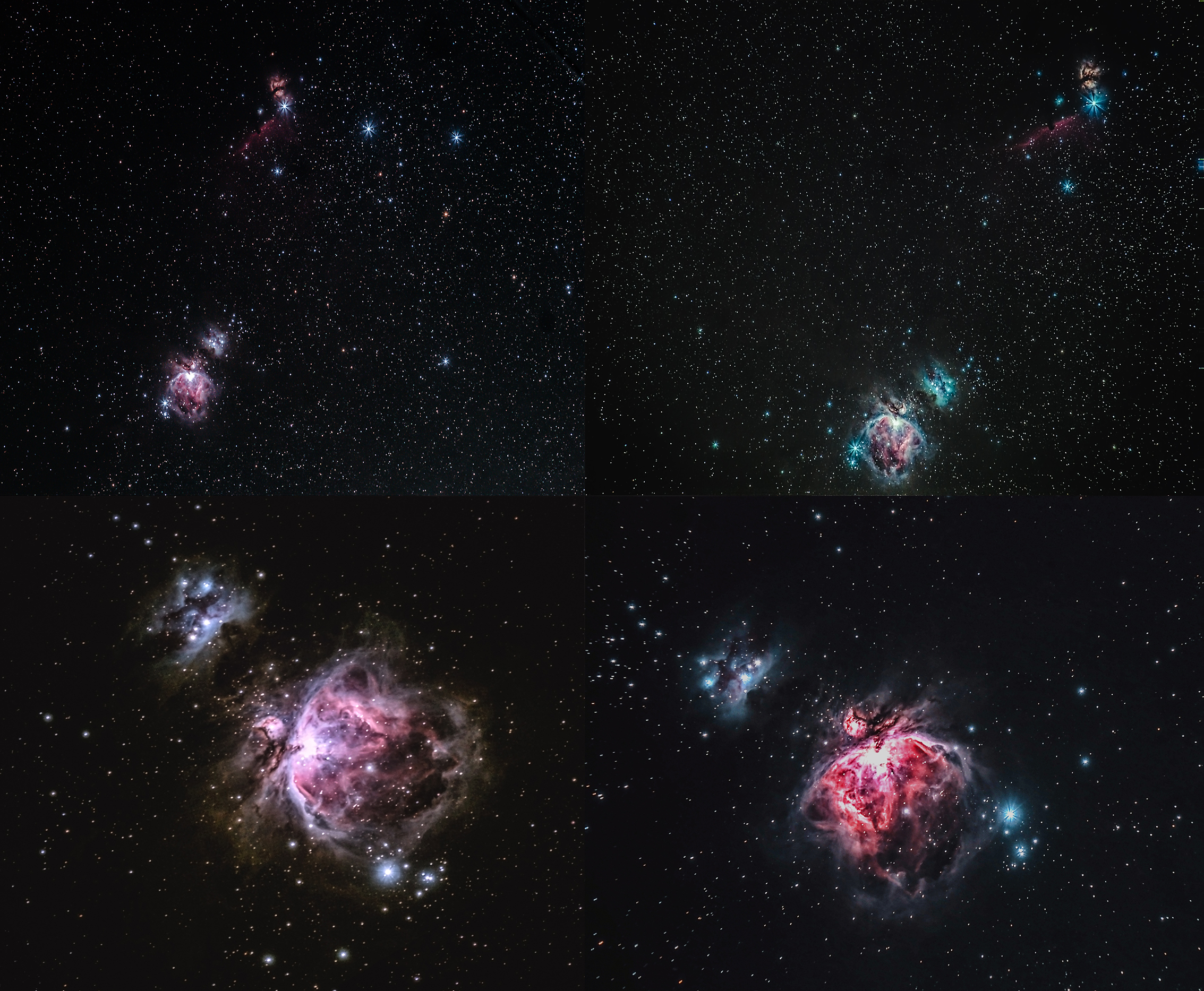 Vier Bilder des Nachthimmels mit Nebeln und Sternen. Jedes Bild hat eine andere Farbbalance.