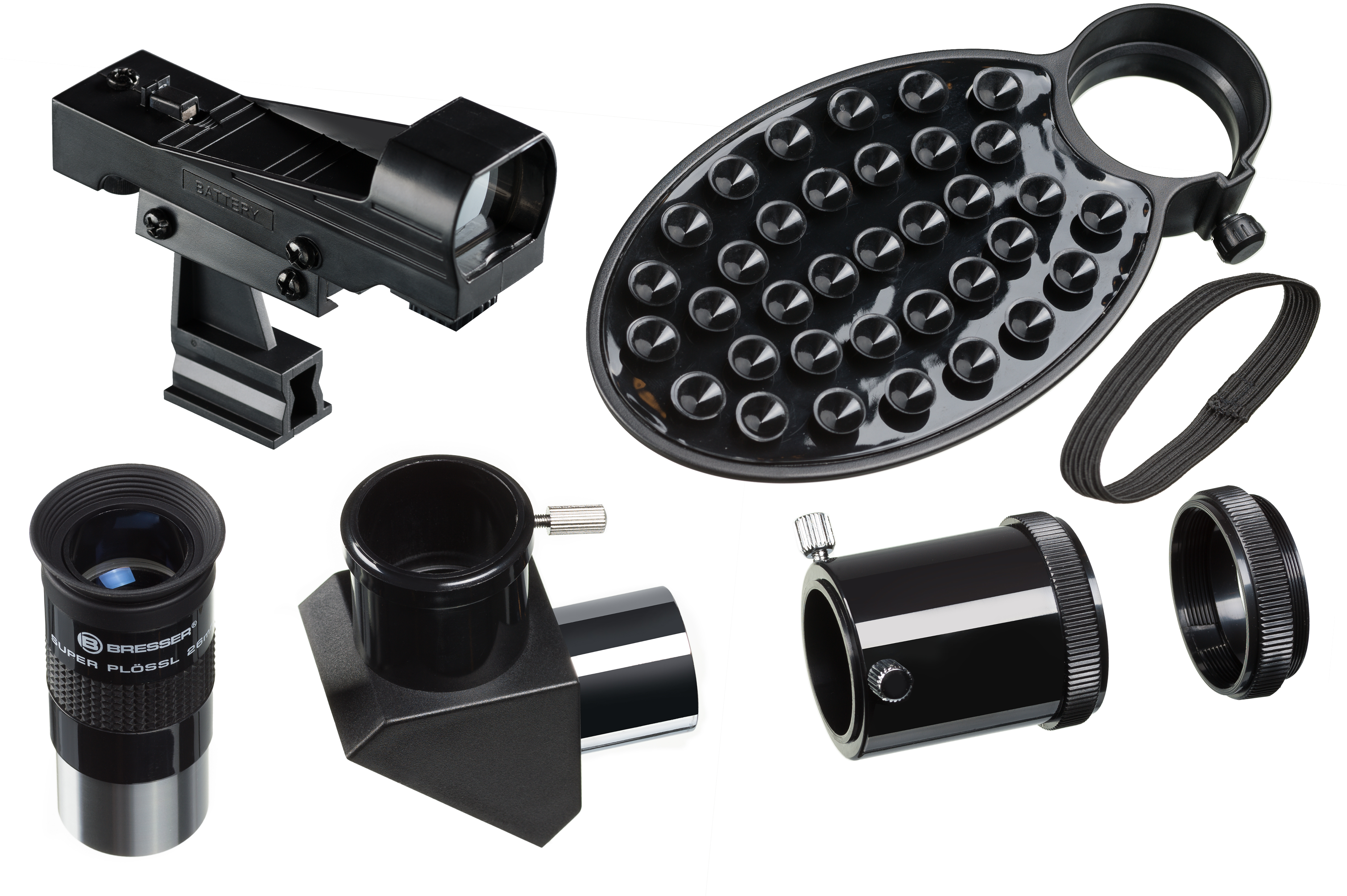 Varios accesorios de telescopio negros, incluyendo oculares, un buscador y una bandeja.