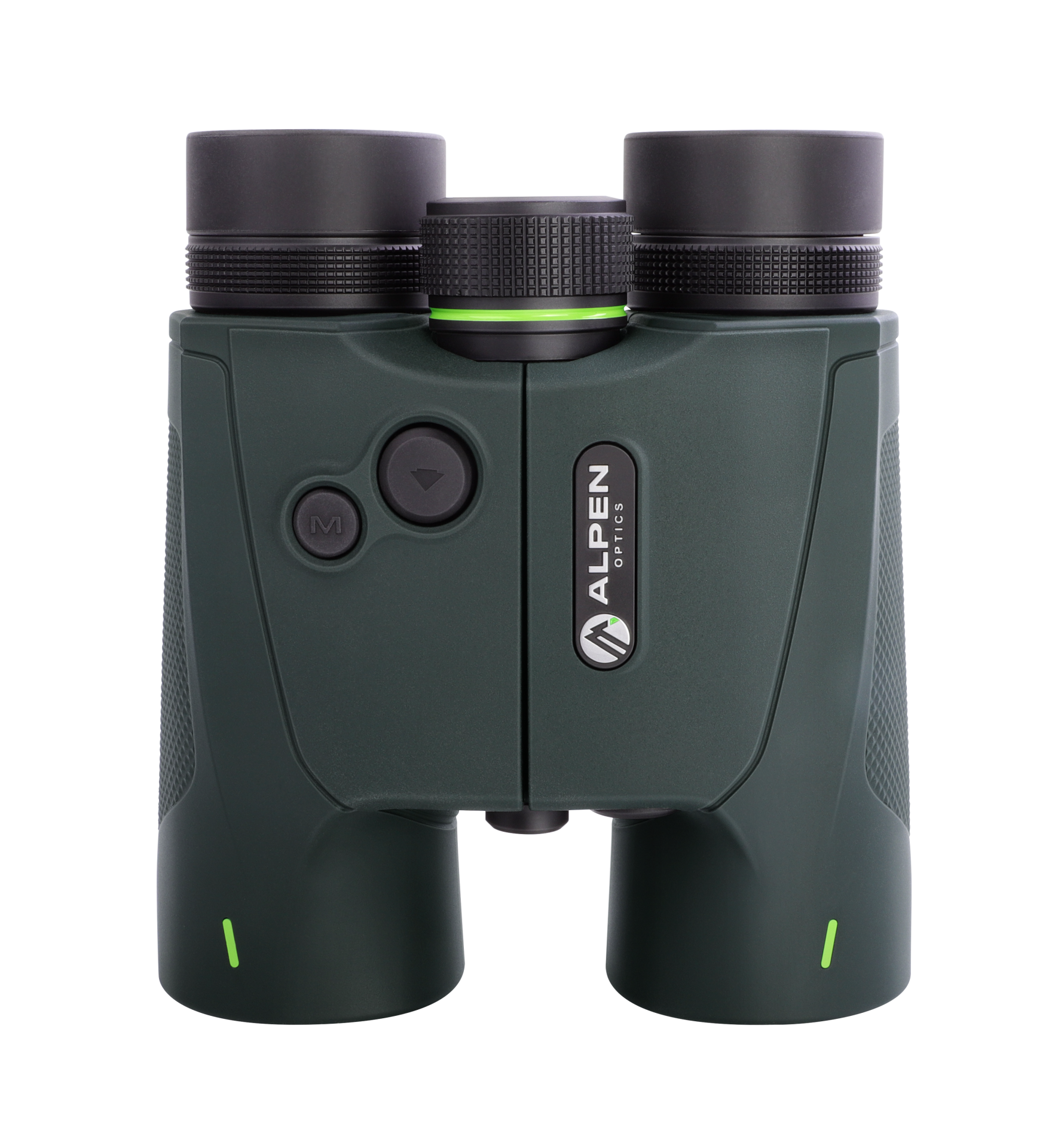 Binoculares verde oscuro con detalles en negro. La marca es Alpen Optics.