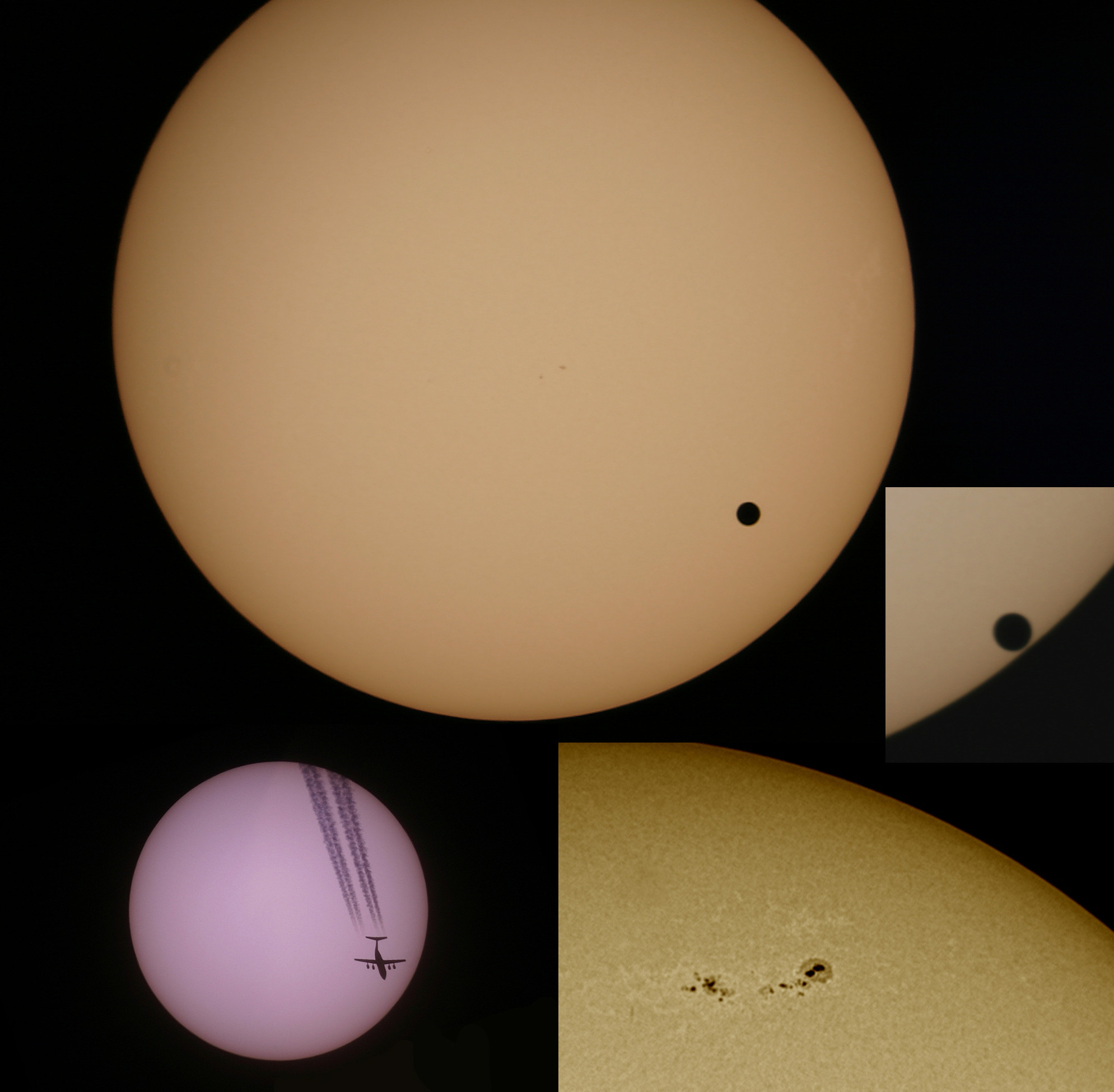 Sonne mit Venustransit, plus eine kleinere Inset-Ansicht und ein Flugzeug mit Kondensstreifen.
