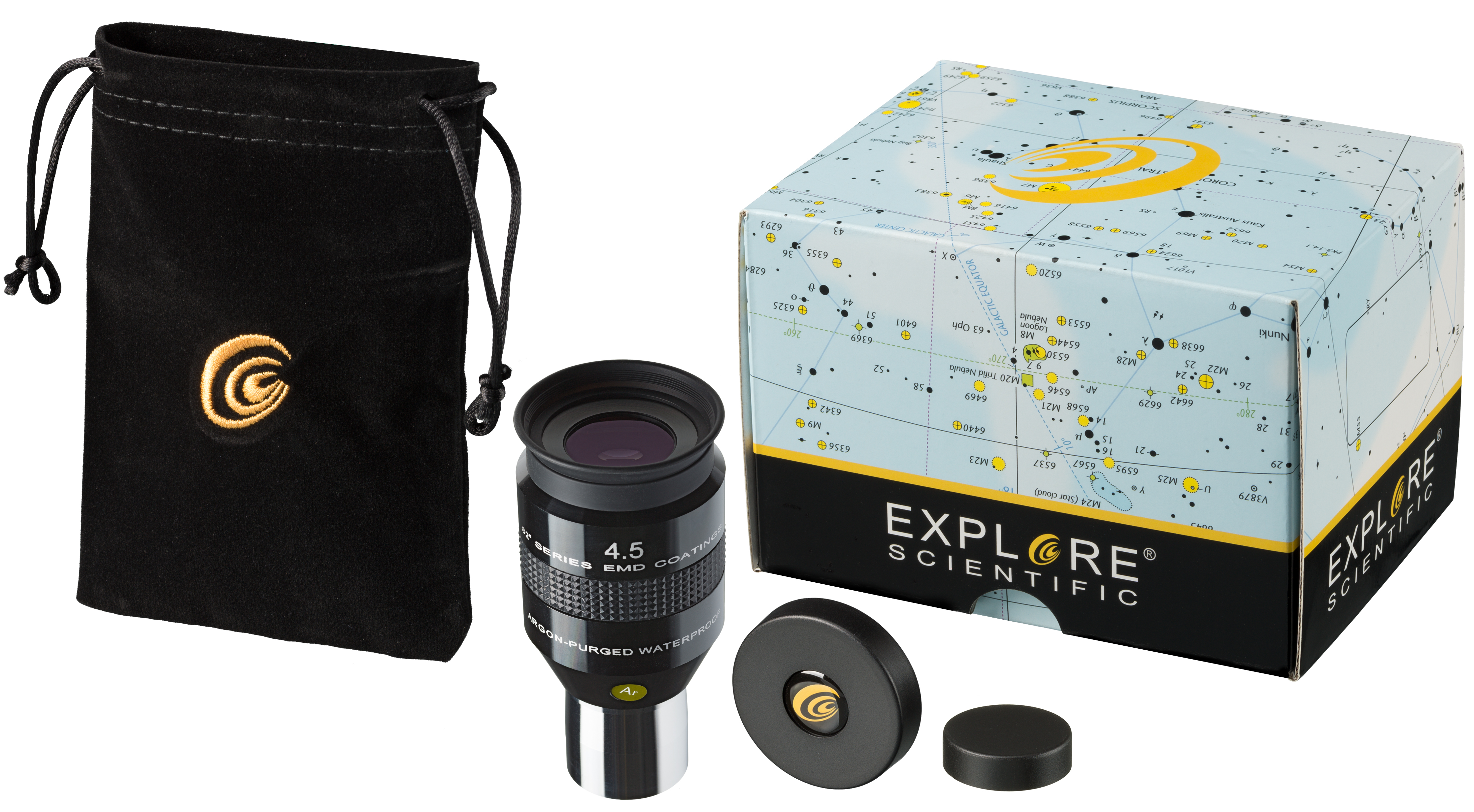 Ocular de telescopio con una bolsa de terciopelo y una caja con mapa estelar.