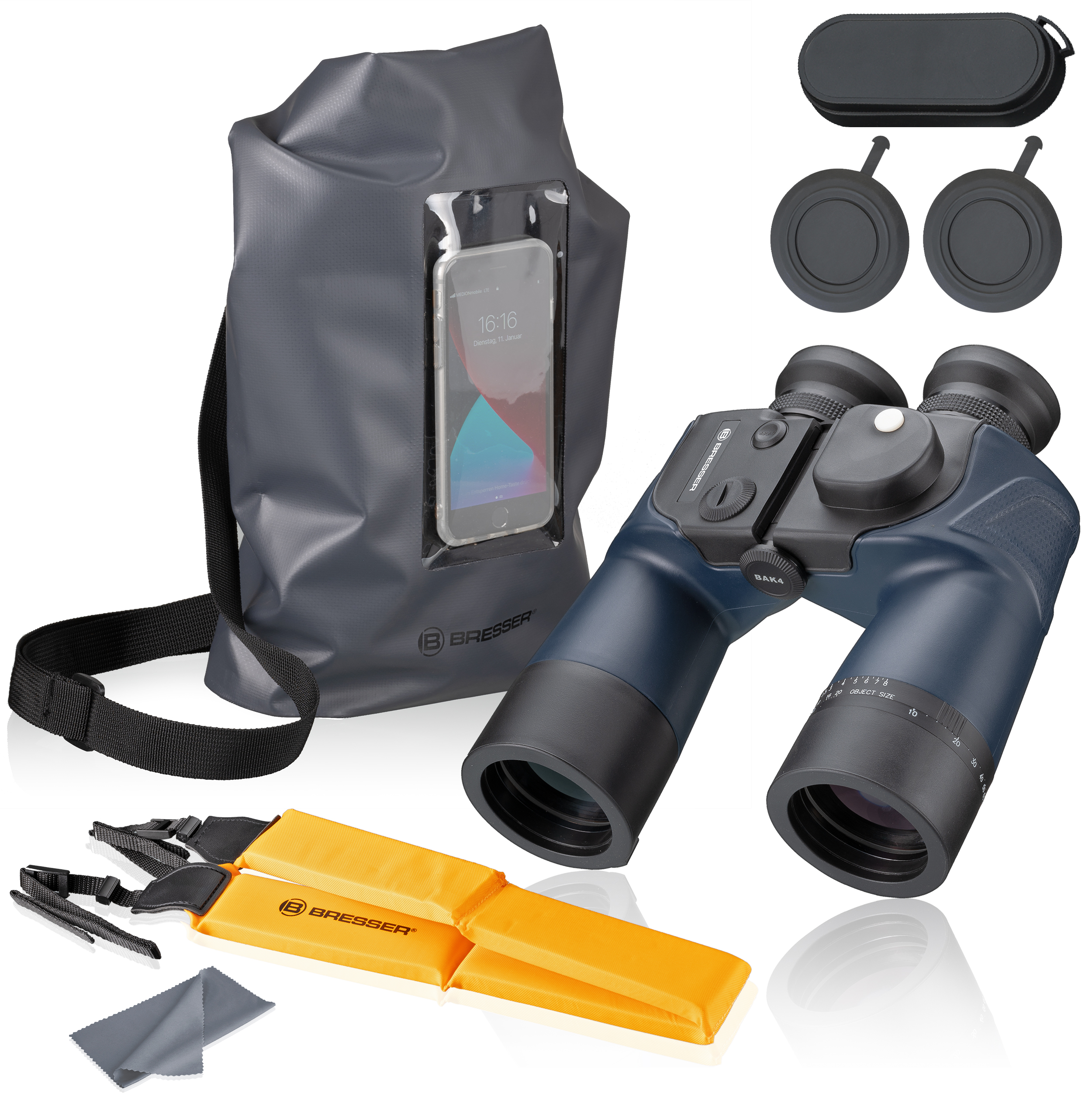 Binoculares y accesorios, incluyendo una bolsa impermeable con un teléfono dentro. Se muestran varios artículos.