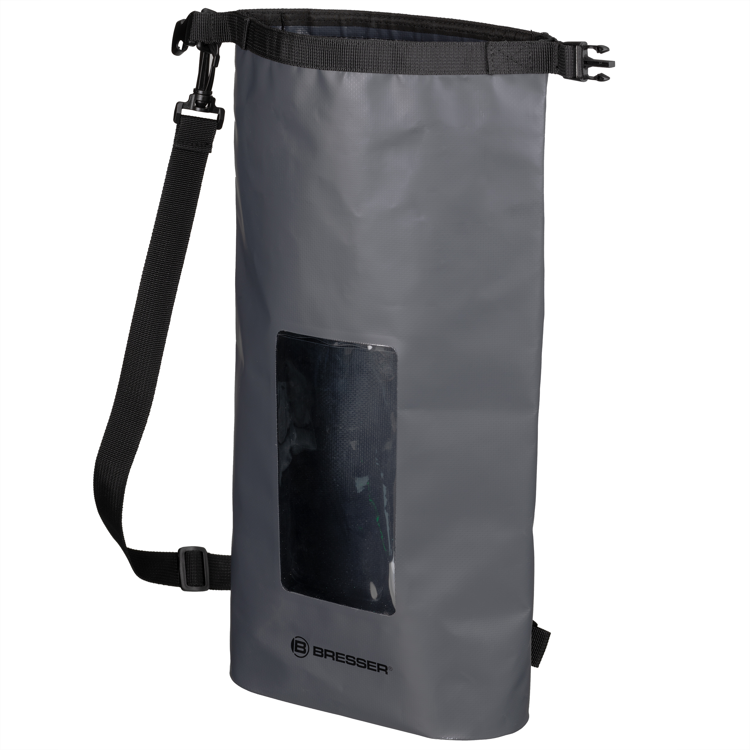 Una bolsa gris impermeable con correa negra y ventana transparente.