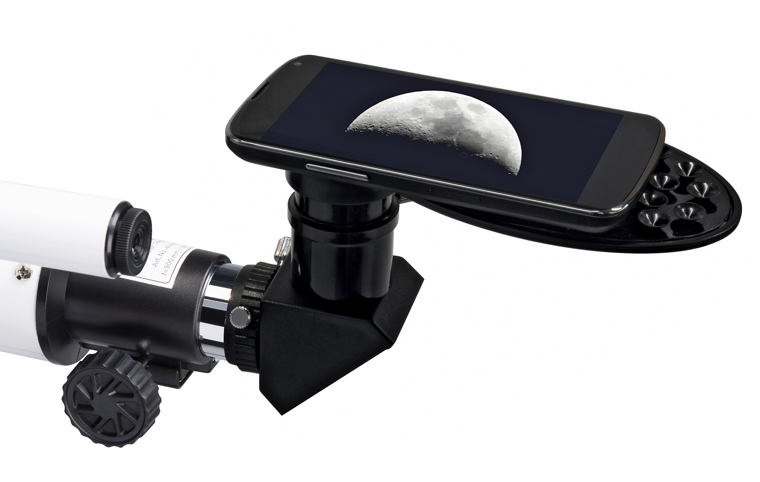 Telescopio con telefono che mostra la luna. È bianco e nero con un telefono collegato, che mostra la luna.