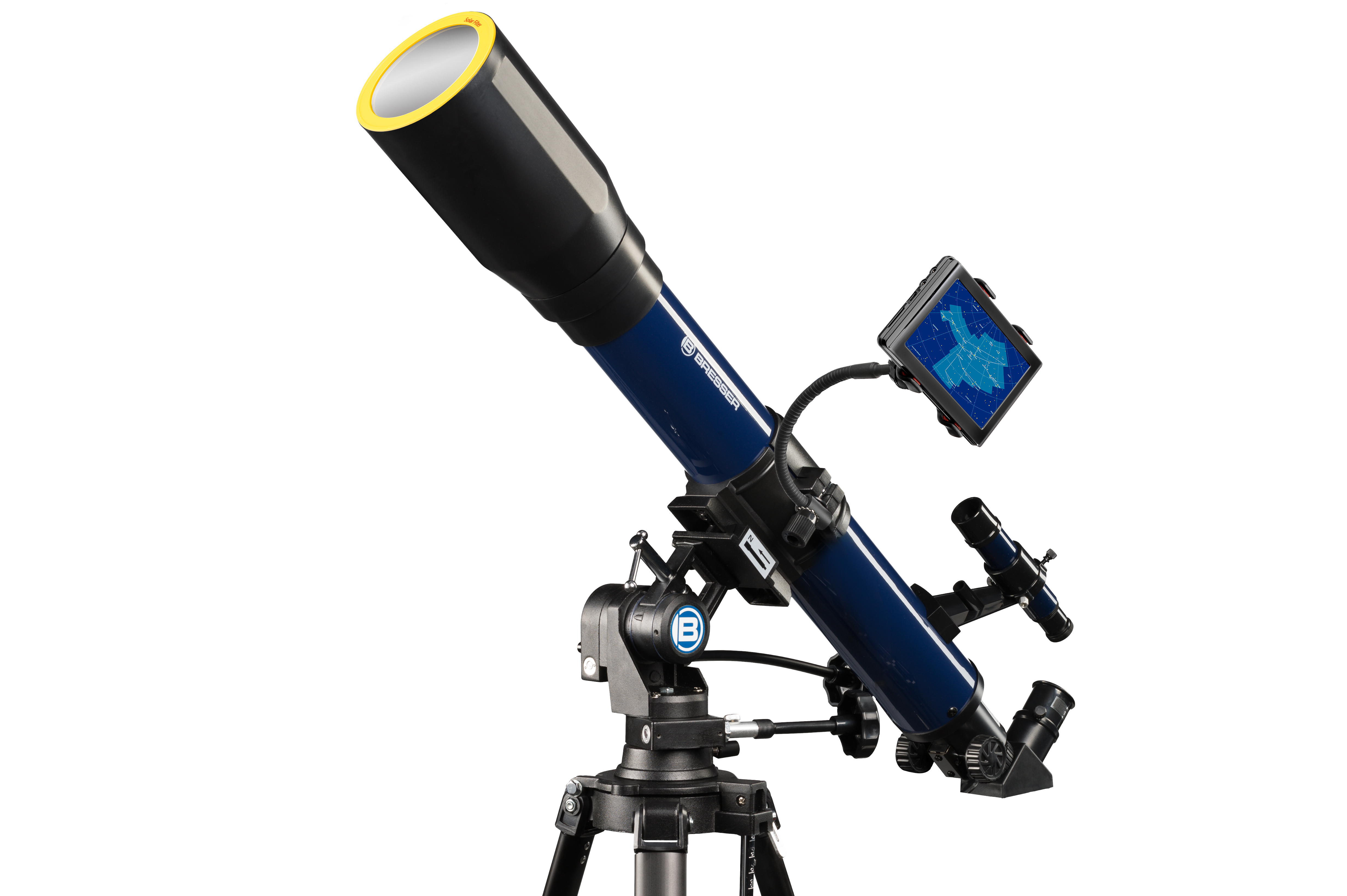 Telescopio azul sobre un trípode, con una pequeña pantalla adjunta. El telescopio está inclinado hacia arriba.