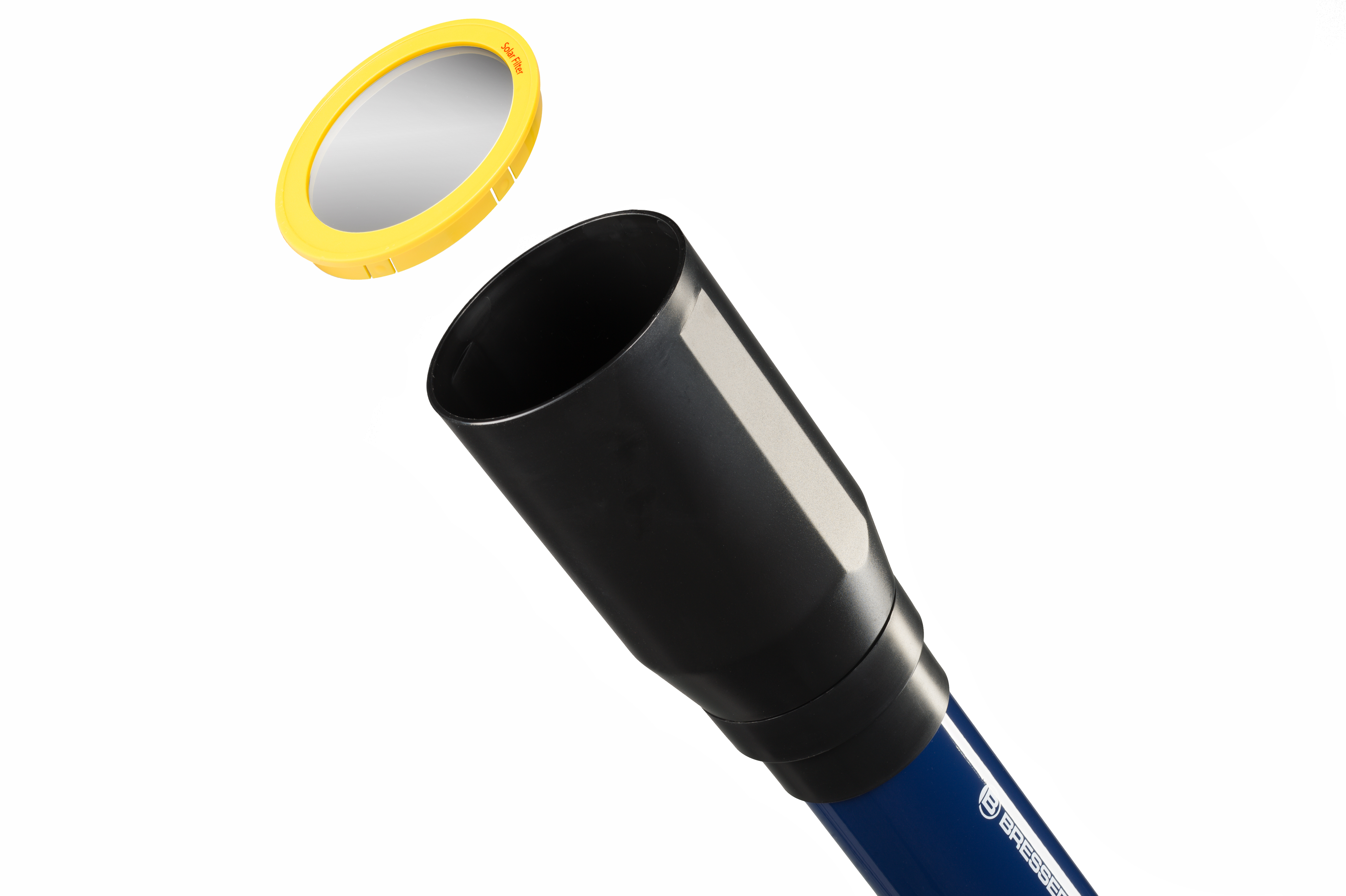 Ocular de telescopio y anillo amarillo. Tubo negro con detalles azules y blancos.