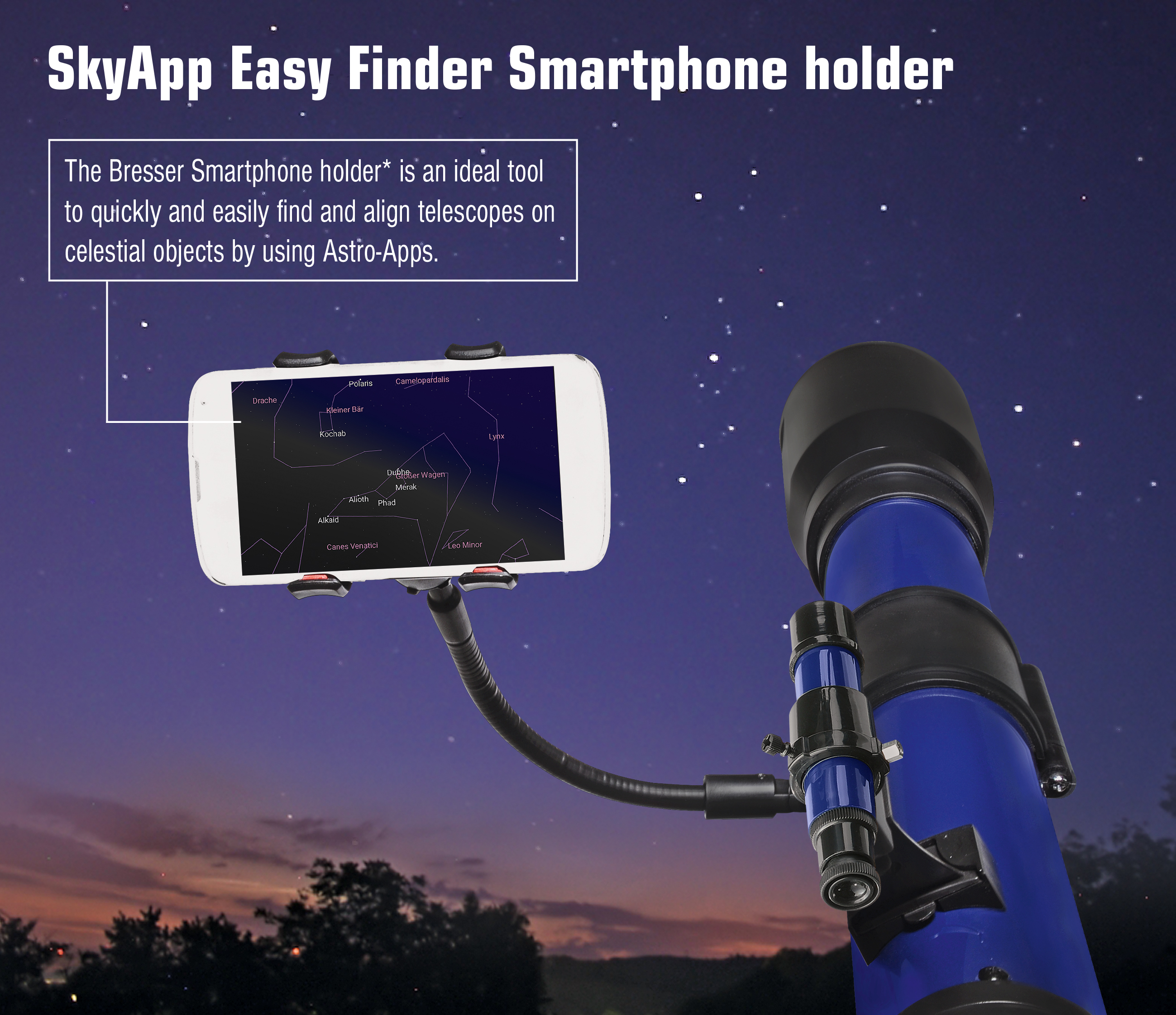 Un teléfono inteligente en un soporte muestra un mapa del cielo nocturno, conectado a un telescopio azul.