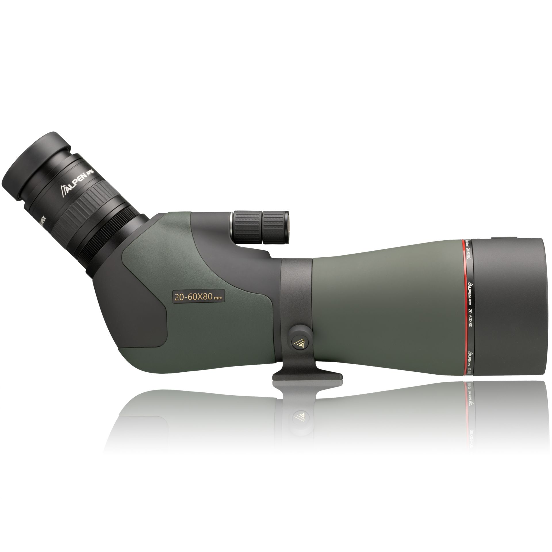 Telescopio terrestre, negro y verde. Ocular angulado, con superficie reflectante debajo.