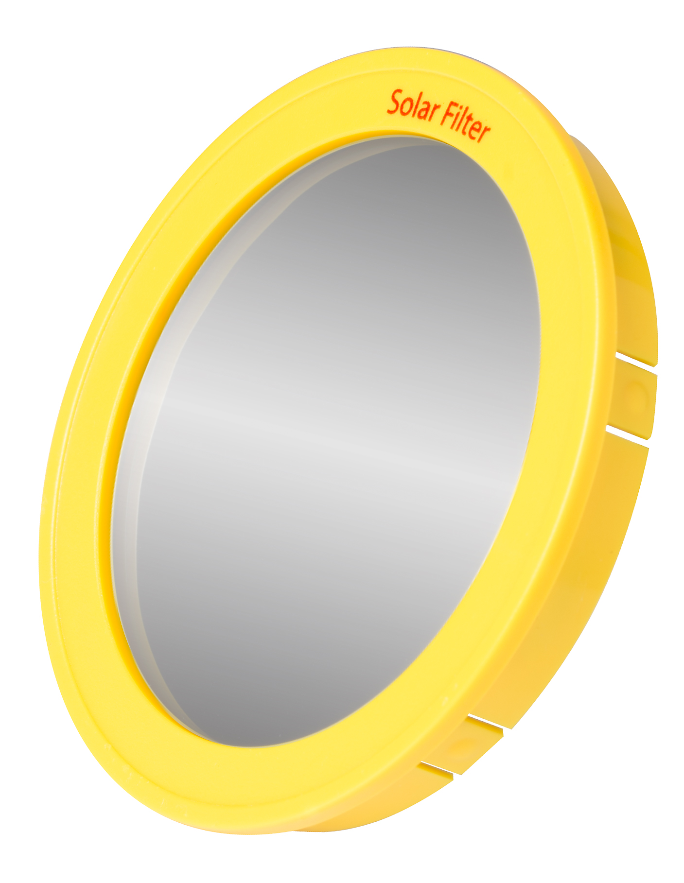 Gelber Sonnenfilter für Teleskope, kreisförmig mit reflektierender Oberfläche und gelbem Rahmen.