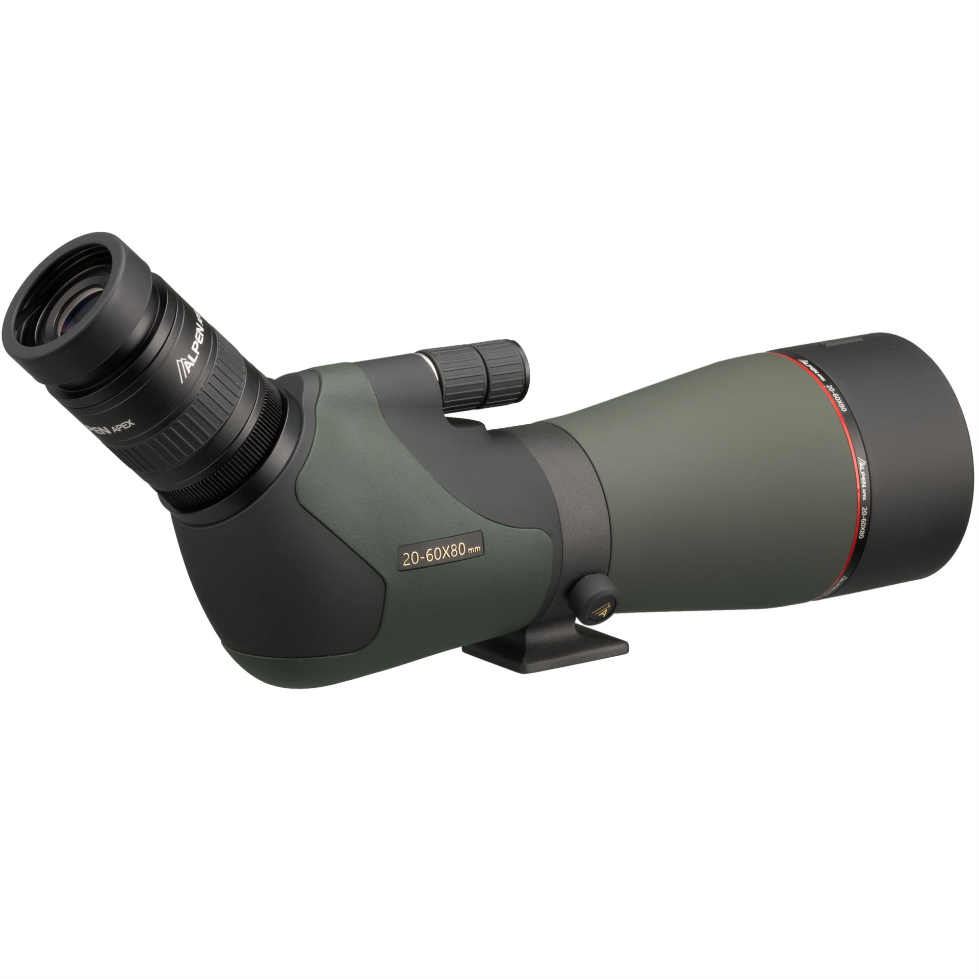 Un telescopio terrestre verde y negro con un ocular en ángulo y una lente negra.