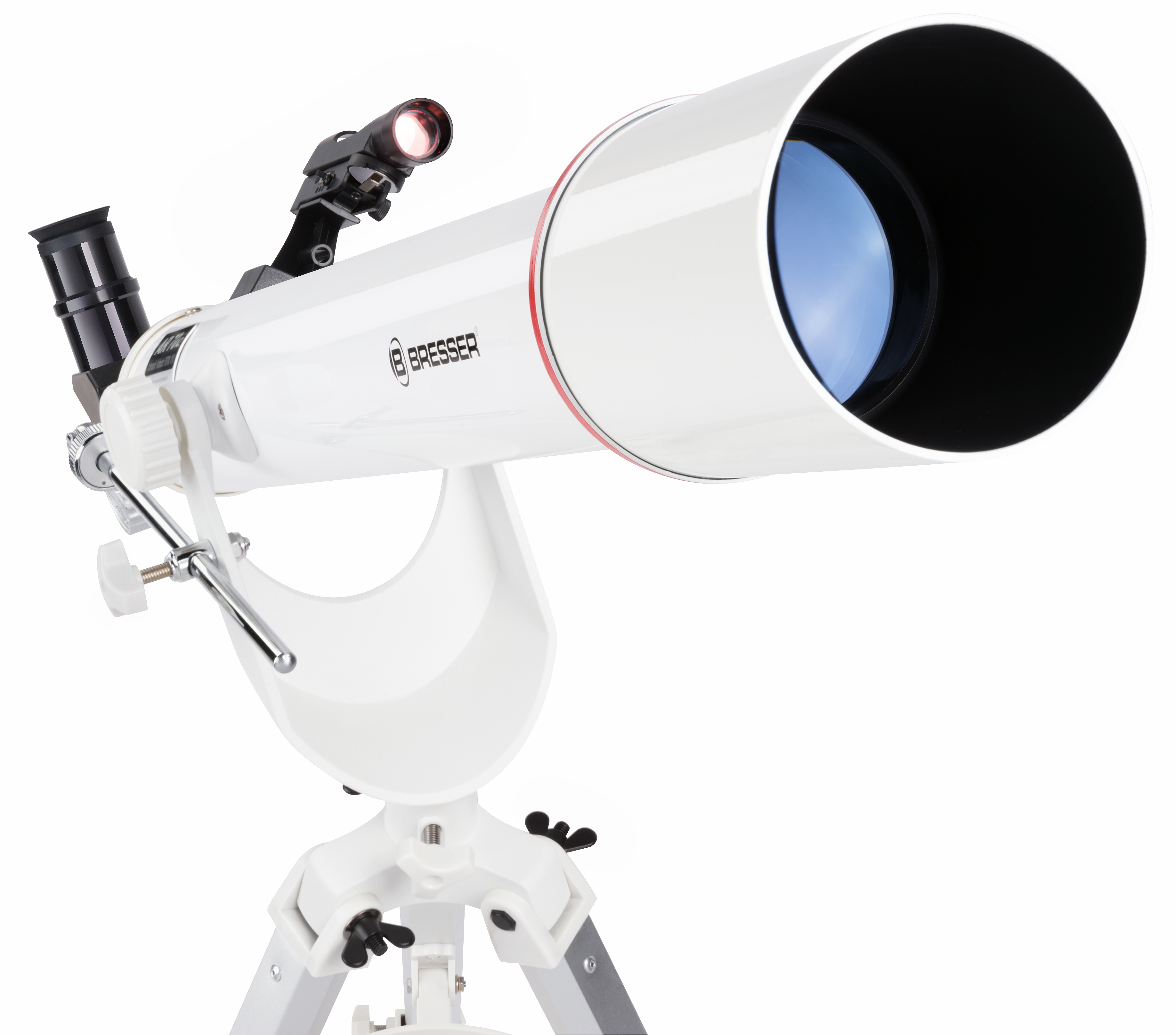 Telescopio blanco en trípode con anillo rojo y lente.