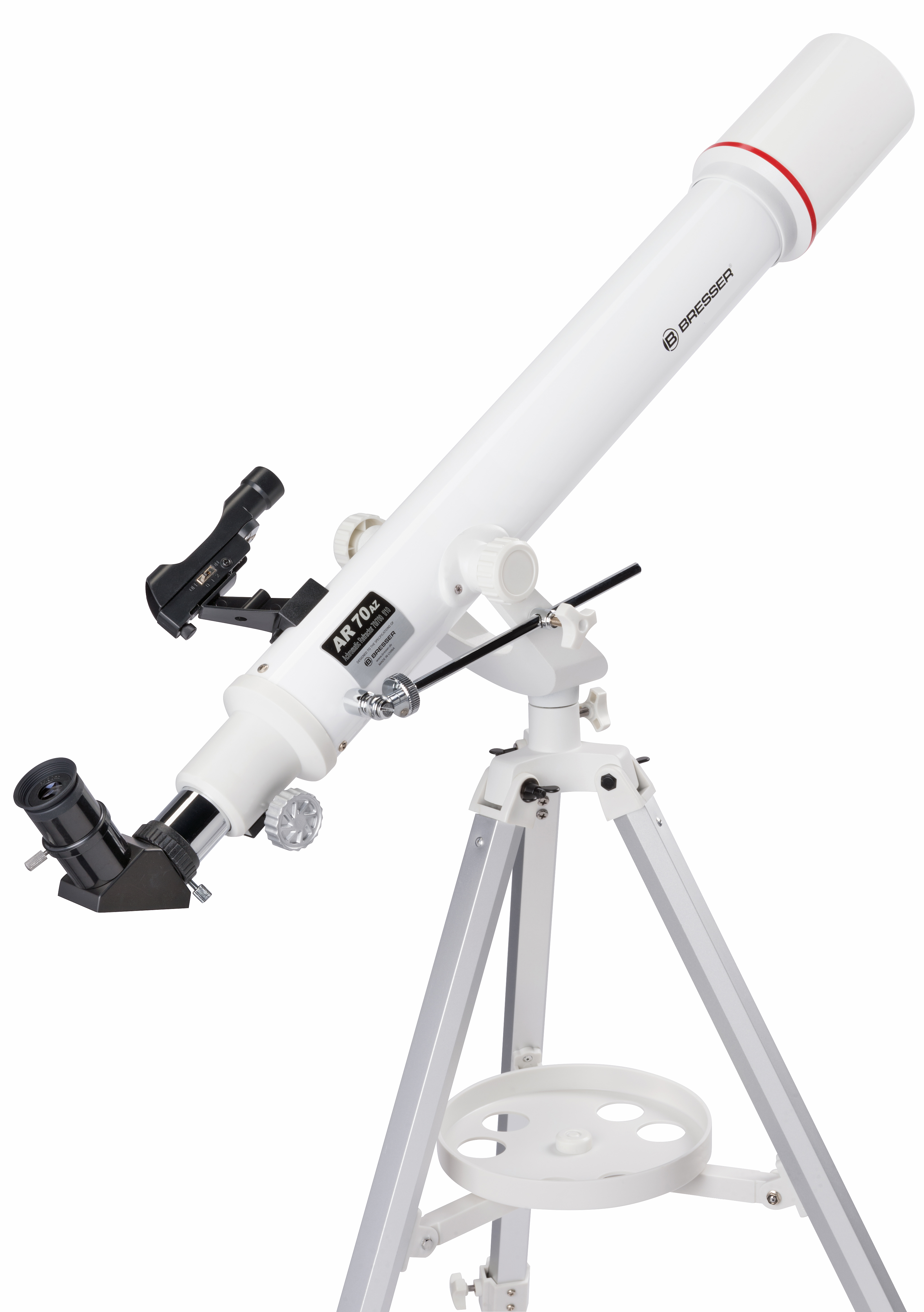 Telescopio blanco sobre trípode, con detalles rojos y etiquetas.