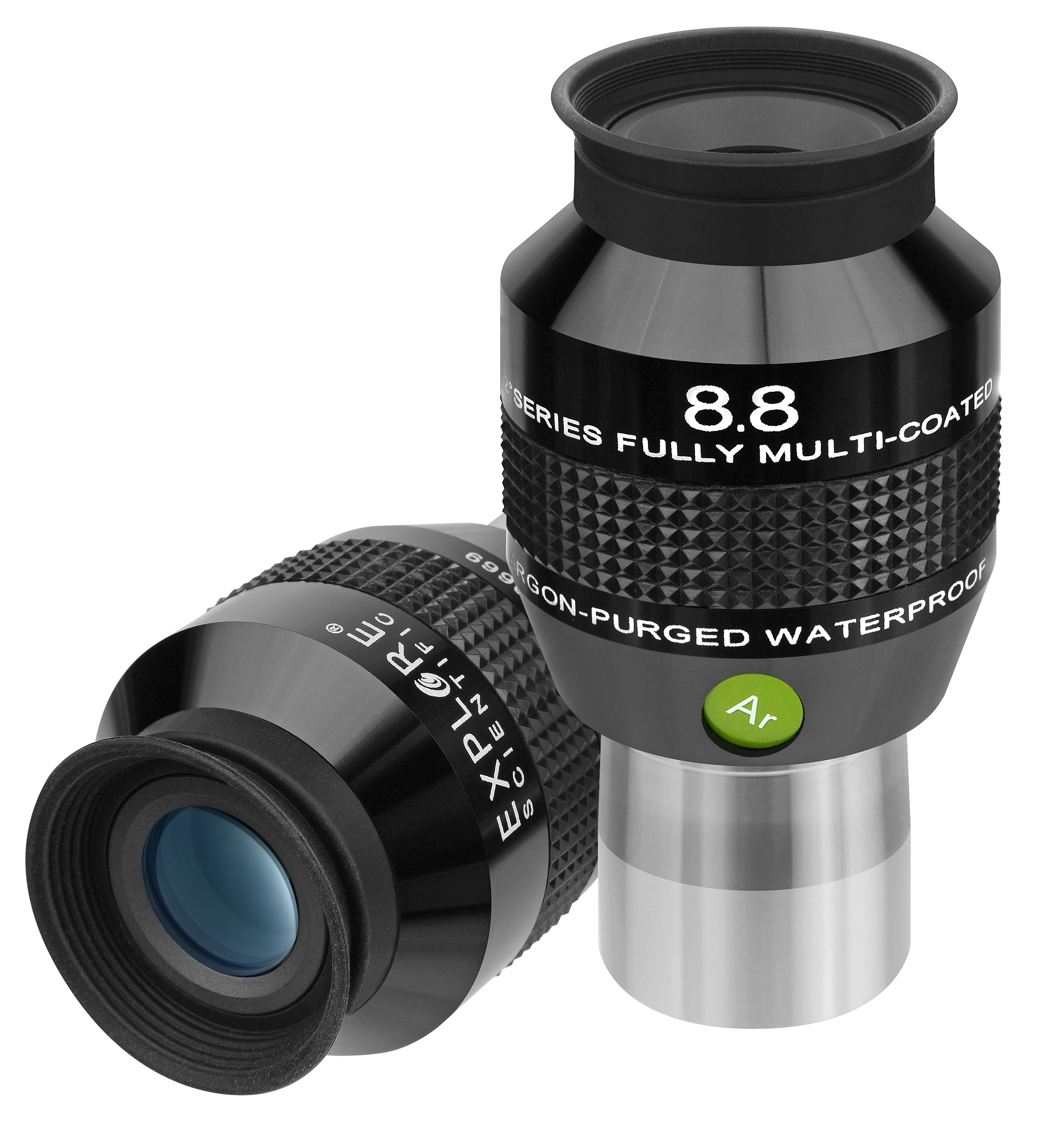 Dos oculares de telescopio negros y plateados. Uno está inclinado hacia el espectador.