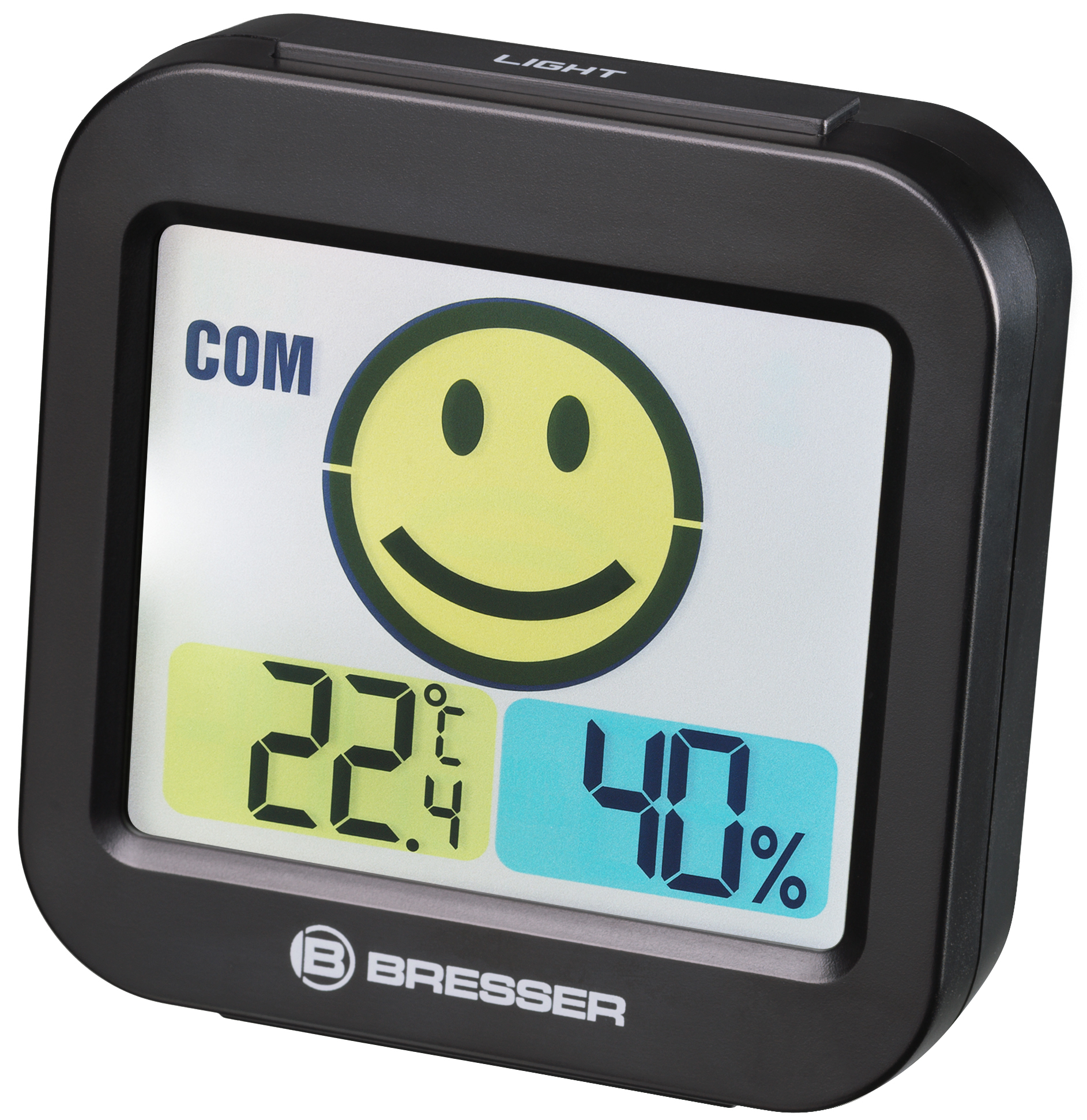 Termómetro digital negro mostrando 22.4C y 40%. Cara sonriente en el centro.