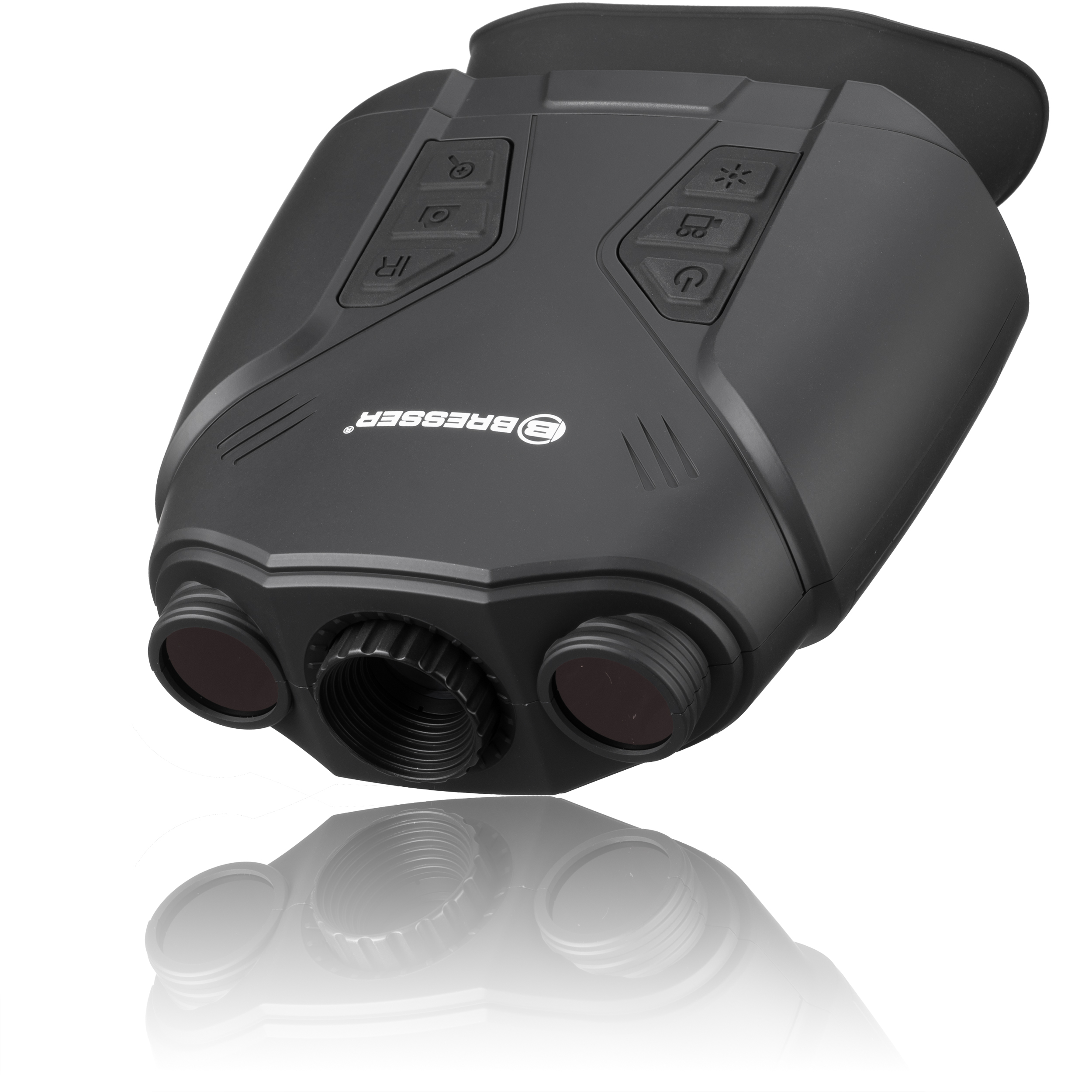 Dispositivo de visión nocturna negro. Tiene botones y dos aberturas de lente en la parte frontal.