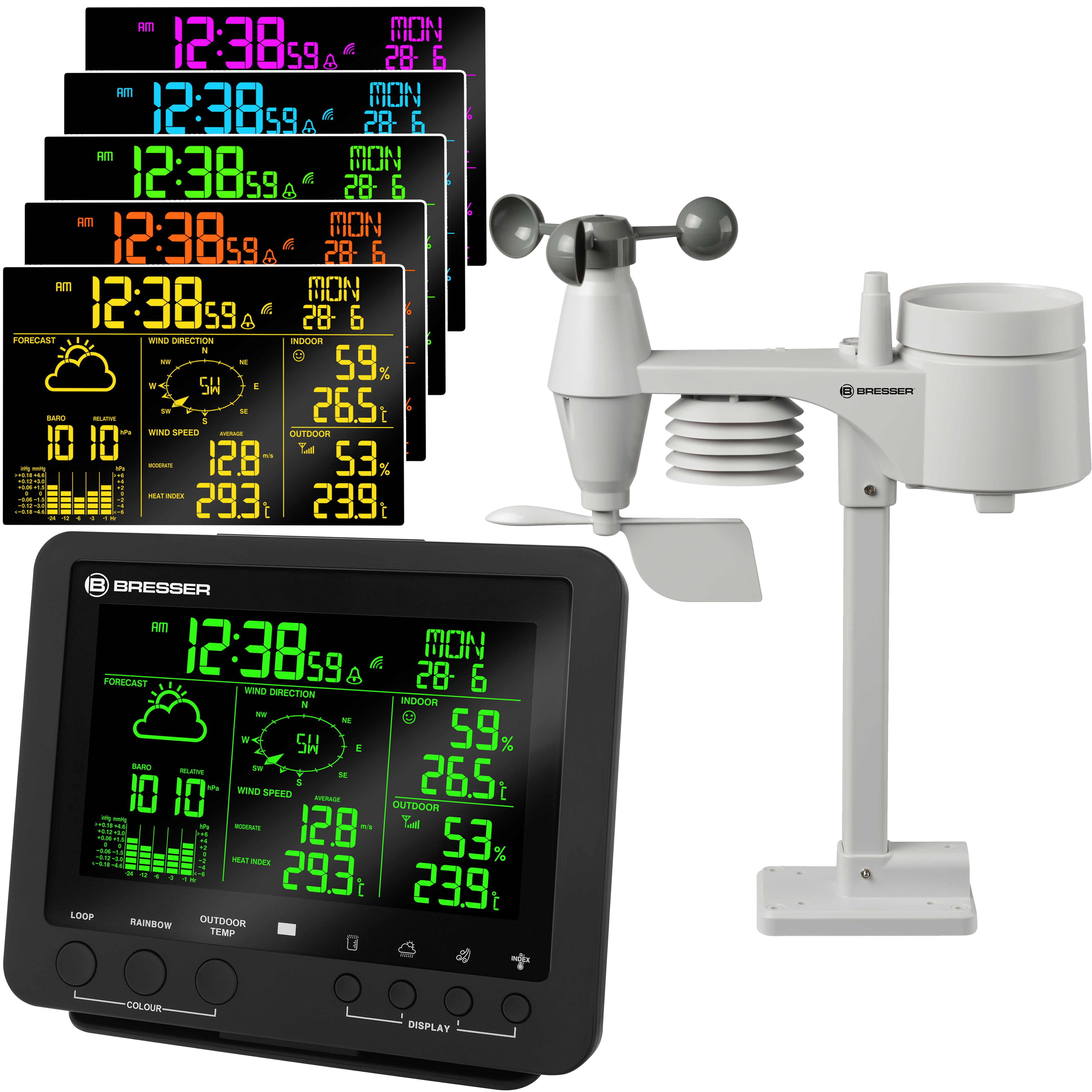 Una estación meteorológica con múltiples pantallas y un sensor. Las pantallas muestran la hora, datos meteorológicos, etc.