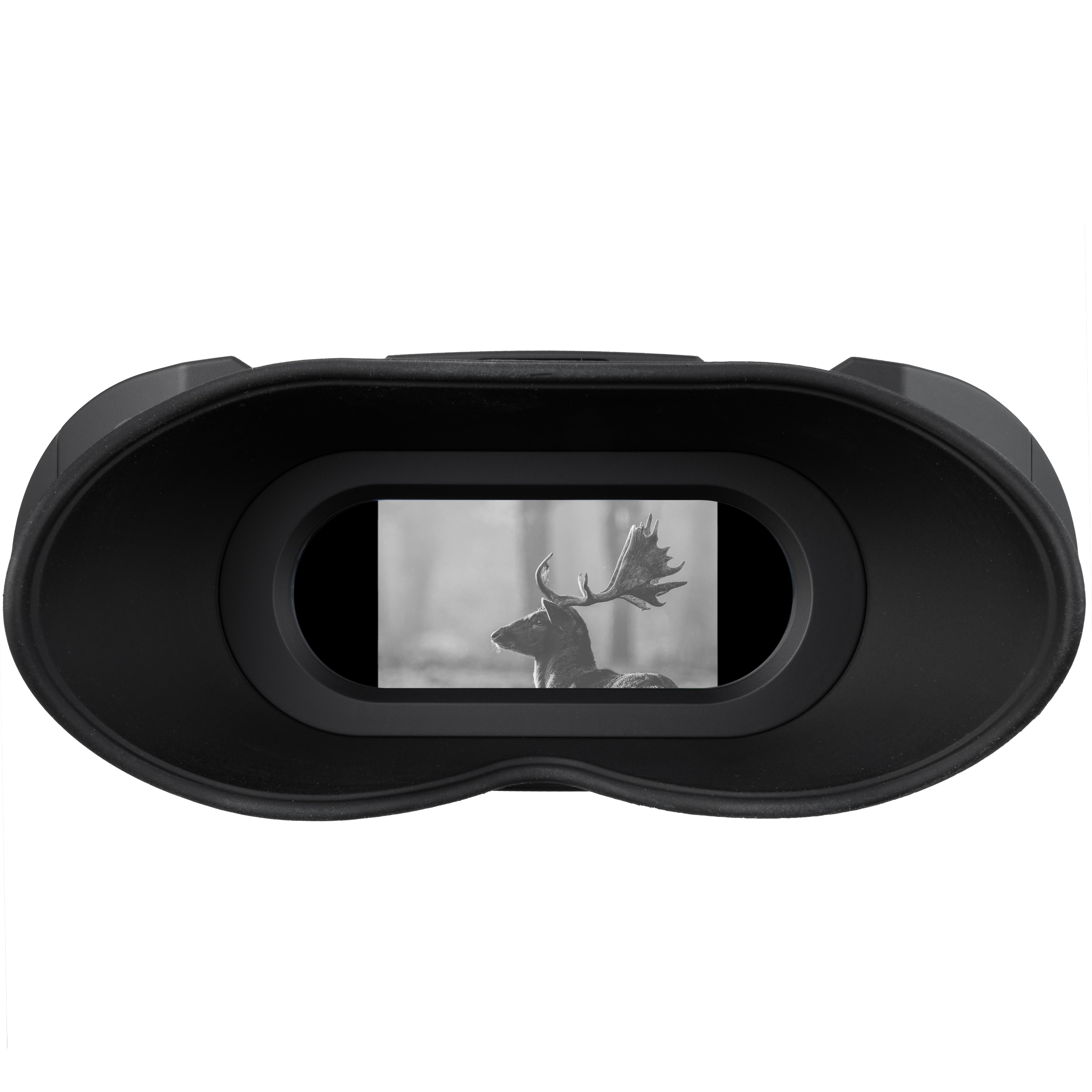 Visor de visión nocturna negro con una imagen de ciervo en el centro.