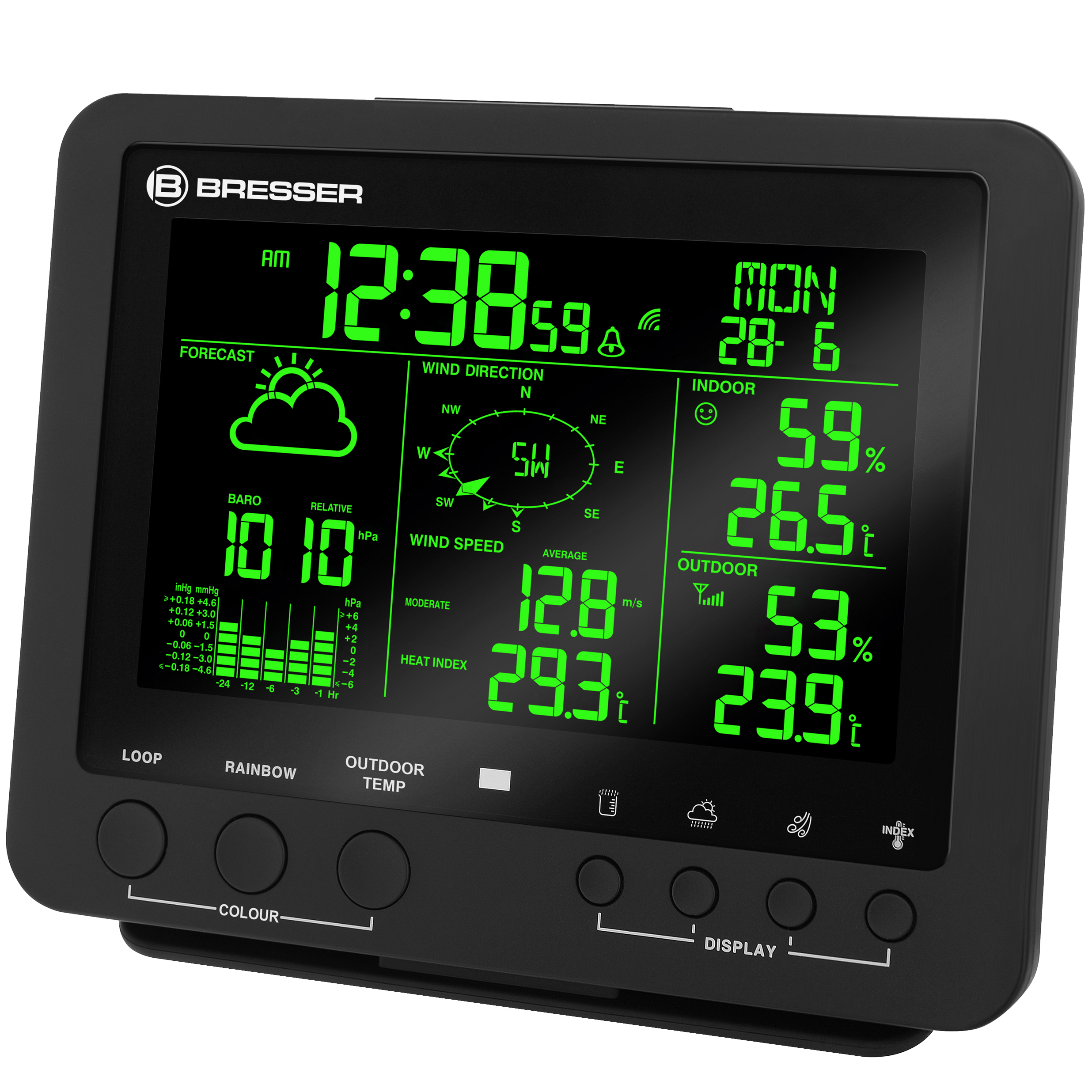 Una estación meteorológica Bresser negra con pantalla que muestra datos meteorológicos y varios botones.