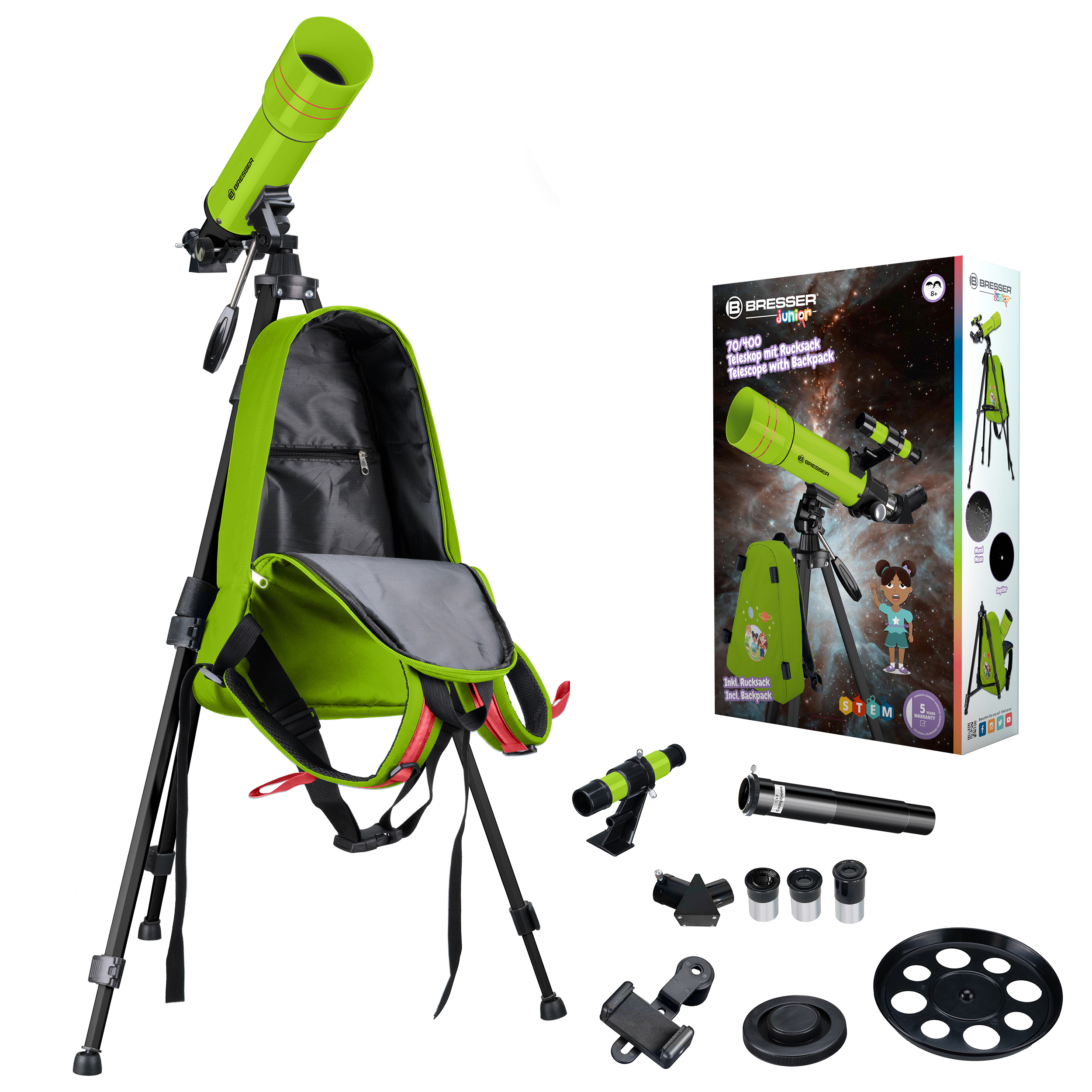 Grünes und schwarzes Teleskop-Set mit Zubehör. Ein grüner Rucksack und eine Box sind ebenfalls sichtbar.