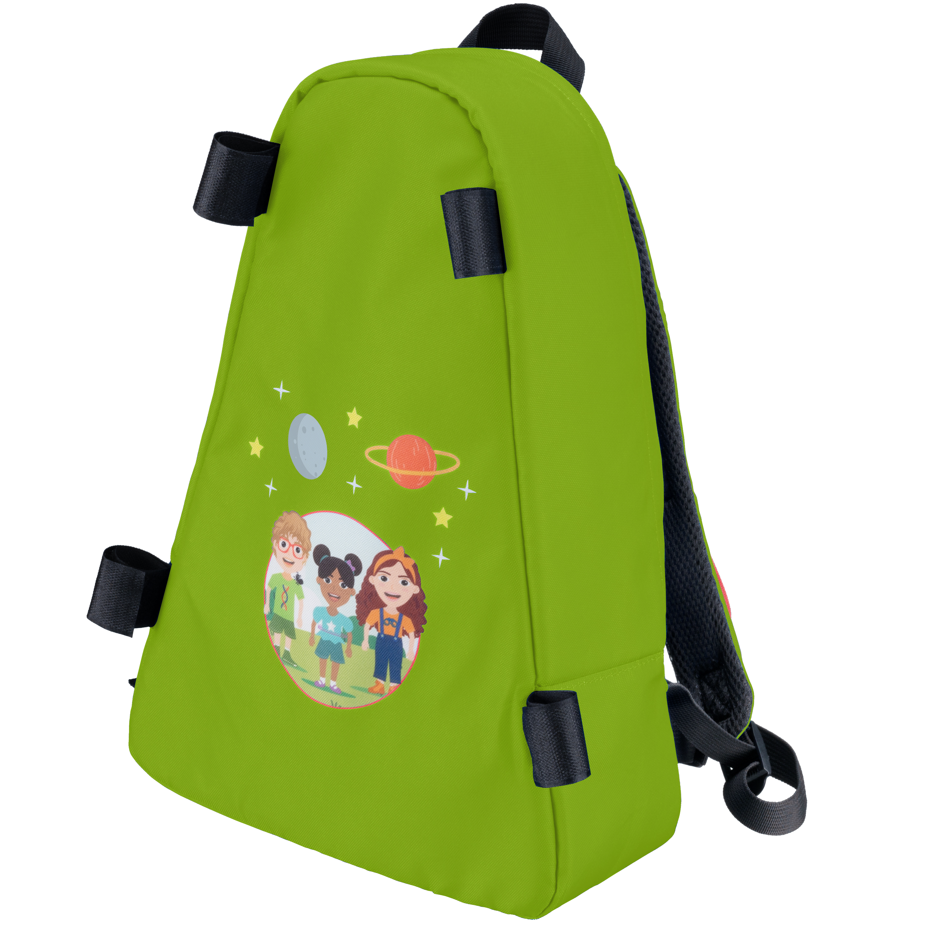 Ein grüner Rucksack mit einem bunten Bild von Kindern und Planeten darauf.