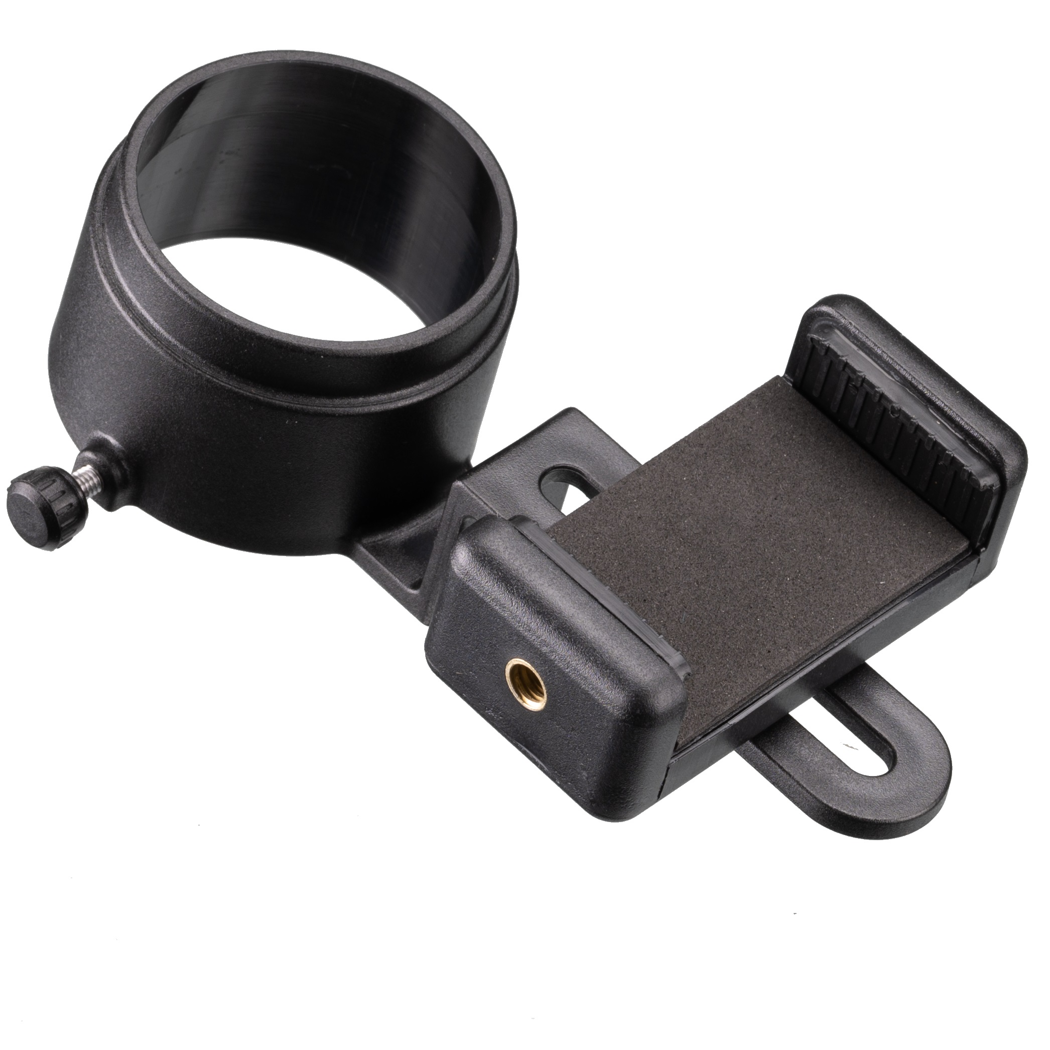 Schwarzer Telefonhalter mit Clip. Es hat einen Ring oben und eine Schraube.