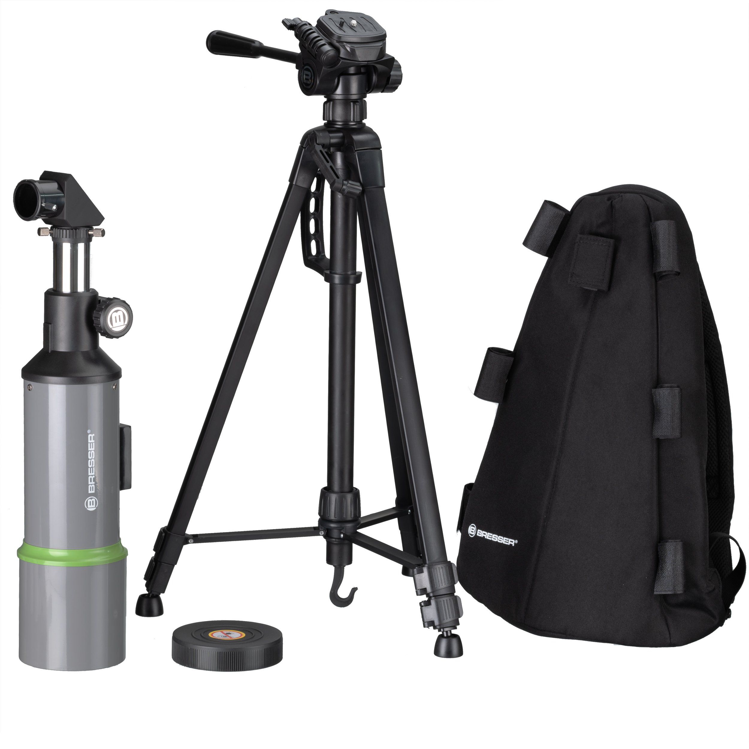 Un kit de telescopio con trípode, bolsa de transporte y otros accesorios.