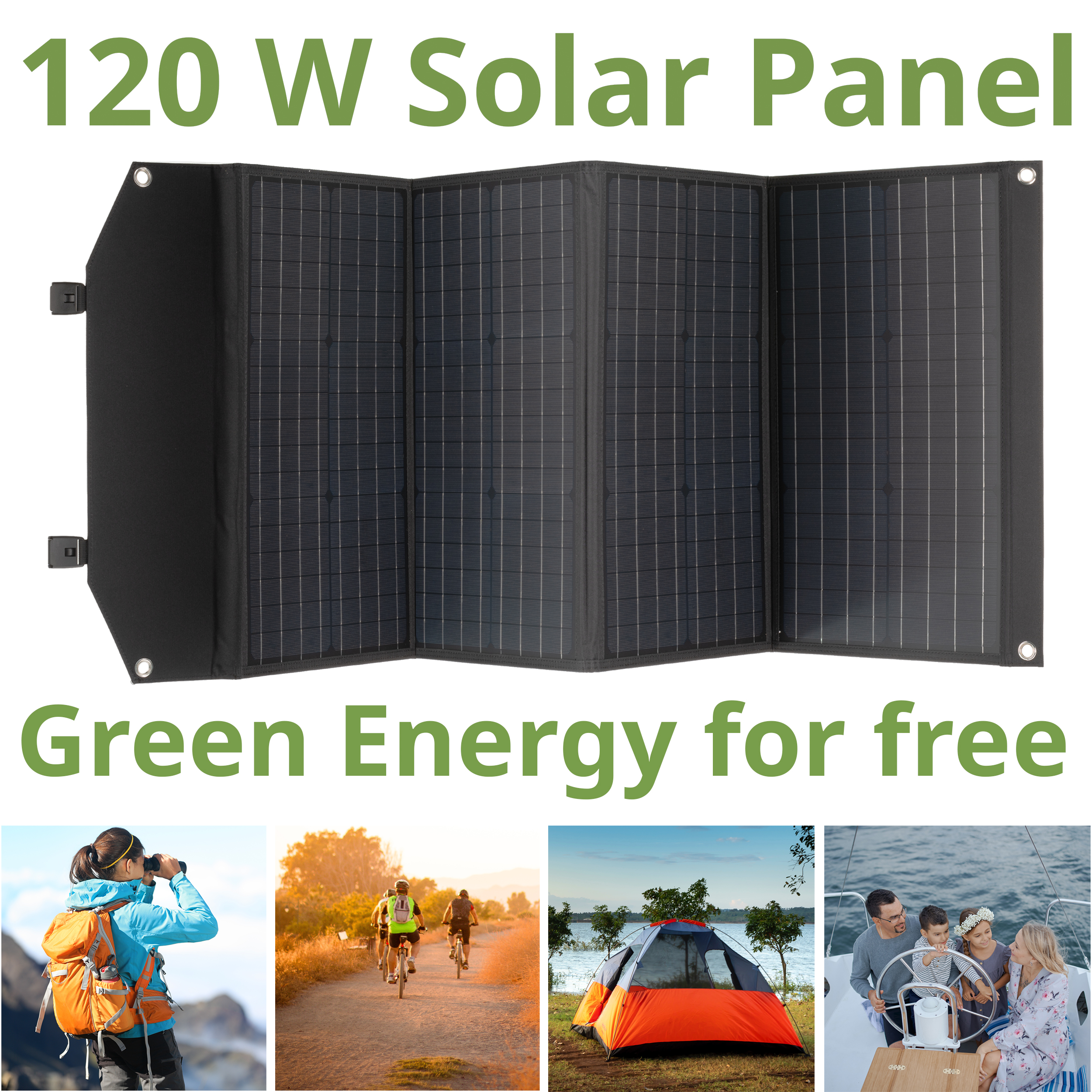 Panel solar plegable con texto '120 W Solar Panel'.