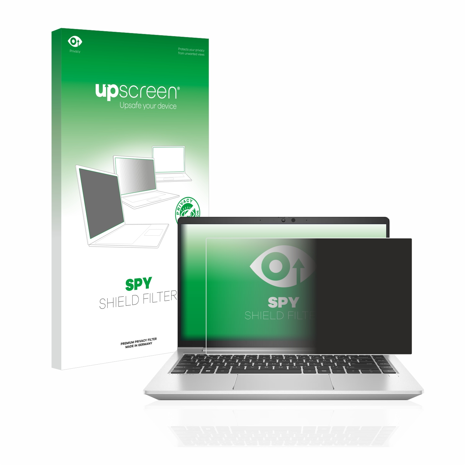 Laptop mit Bildschirmschutz. Es zeigt einen Blickschutz und eine Verpackung mit Logo.