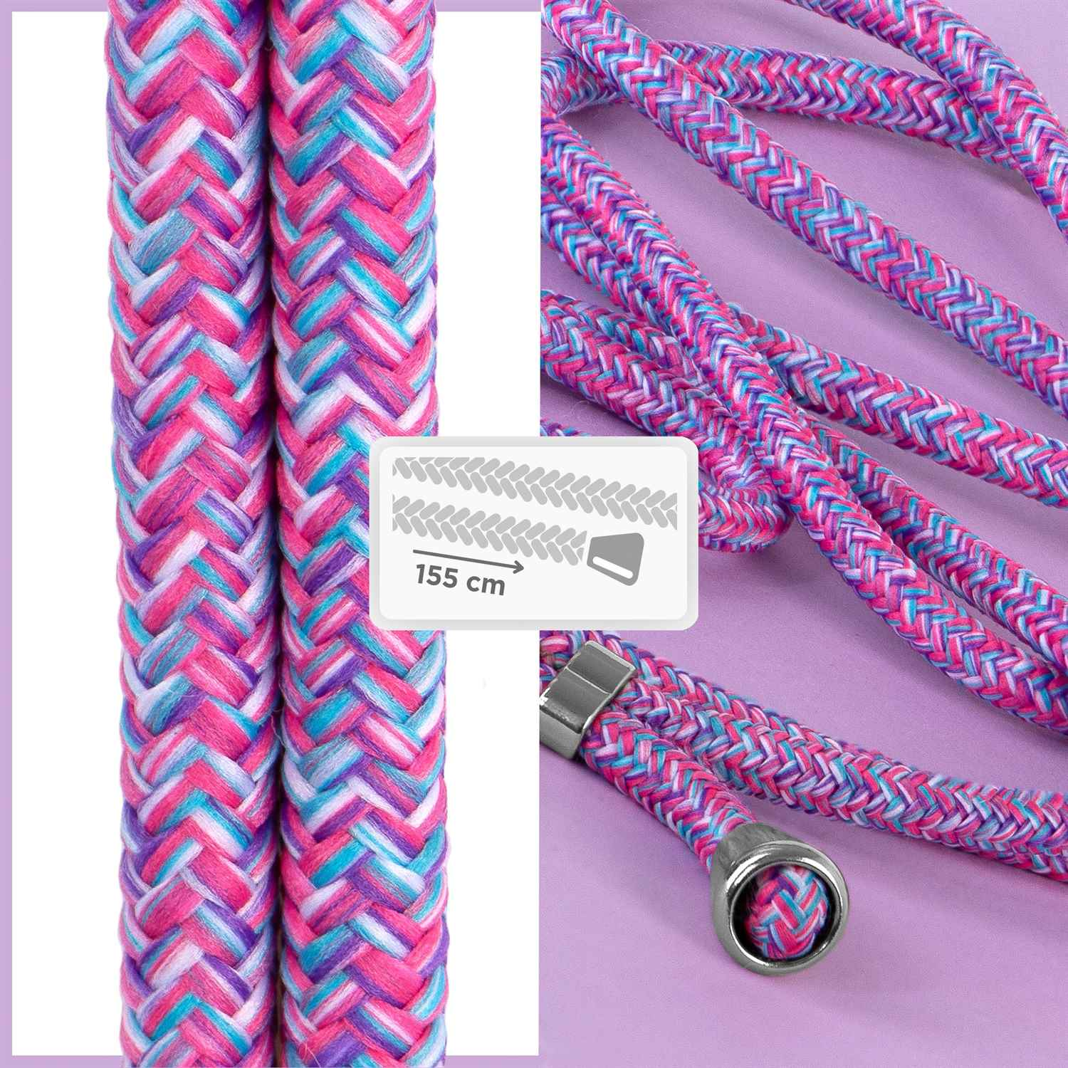 Geflochtene Handybänder in Pink, Lila und Blau. Nahaufnahme des Bandes und Details.