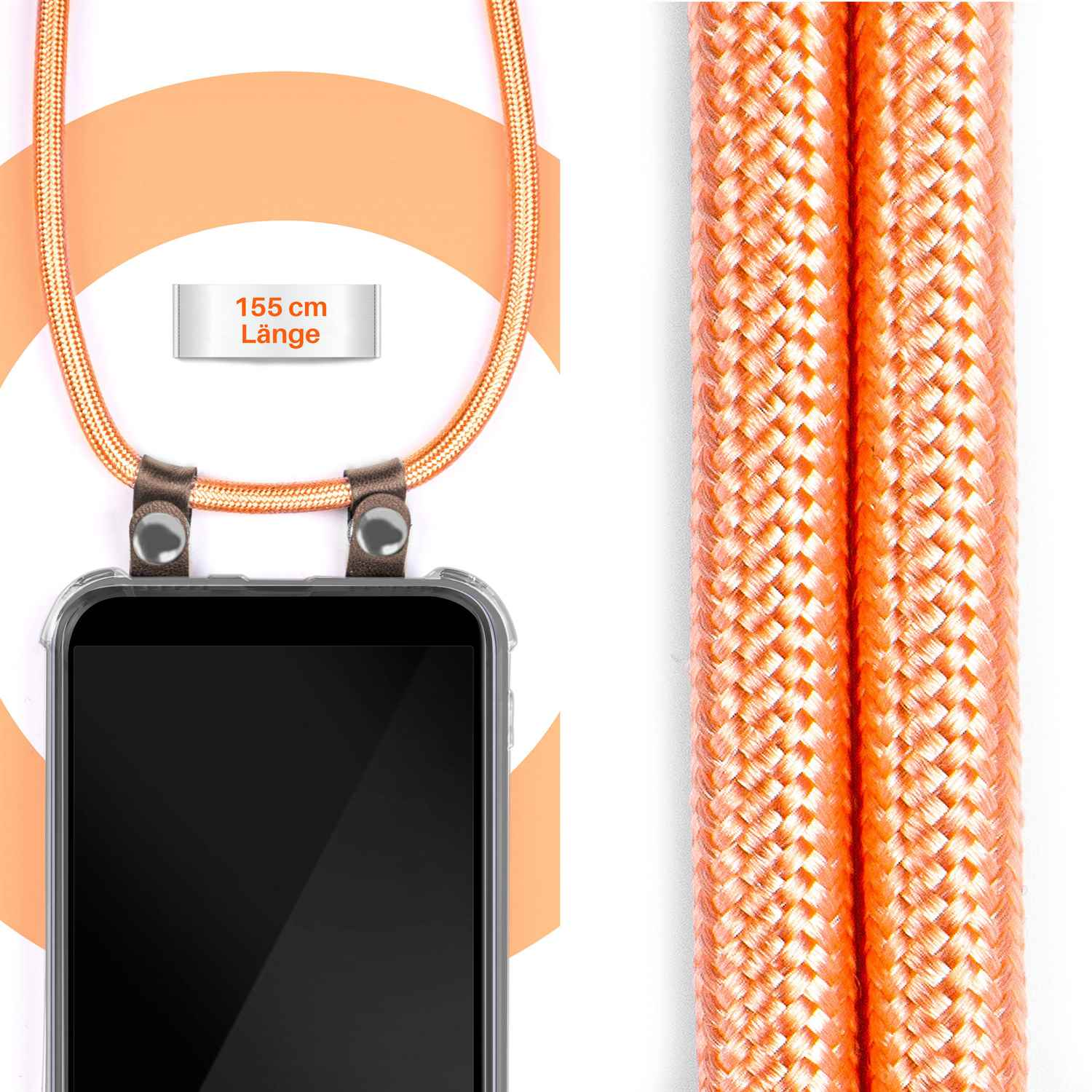 Eine Handyhülle mit einem angebrachten Umhängeband; das Band ist orange und 155 cm lang.