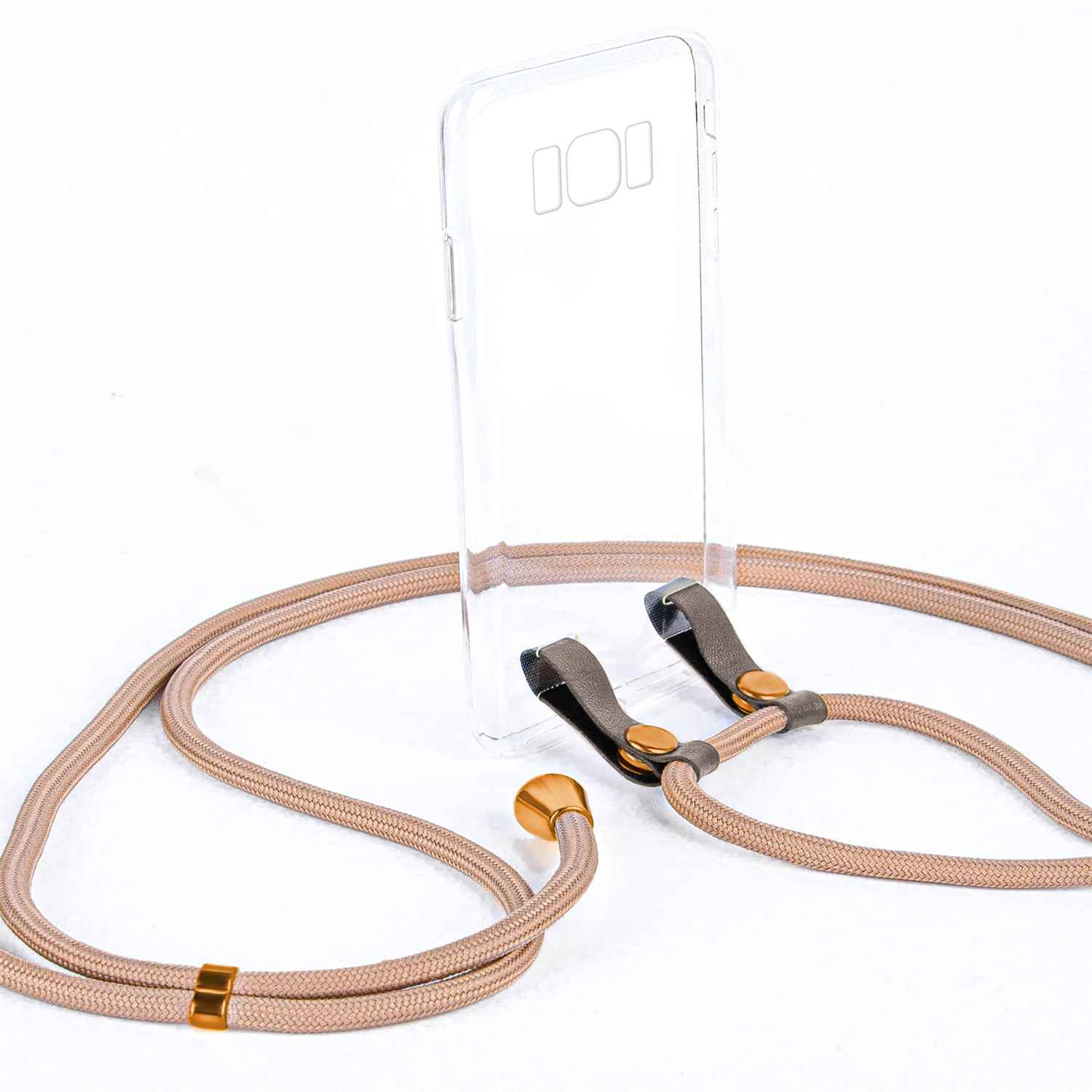 Transparente Handyhülle mit beigem Telefon-Lanyard. Das Lanyard ist an der Hülle befestigt.