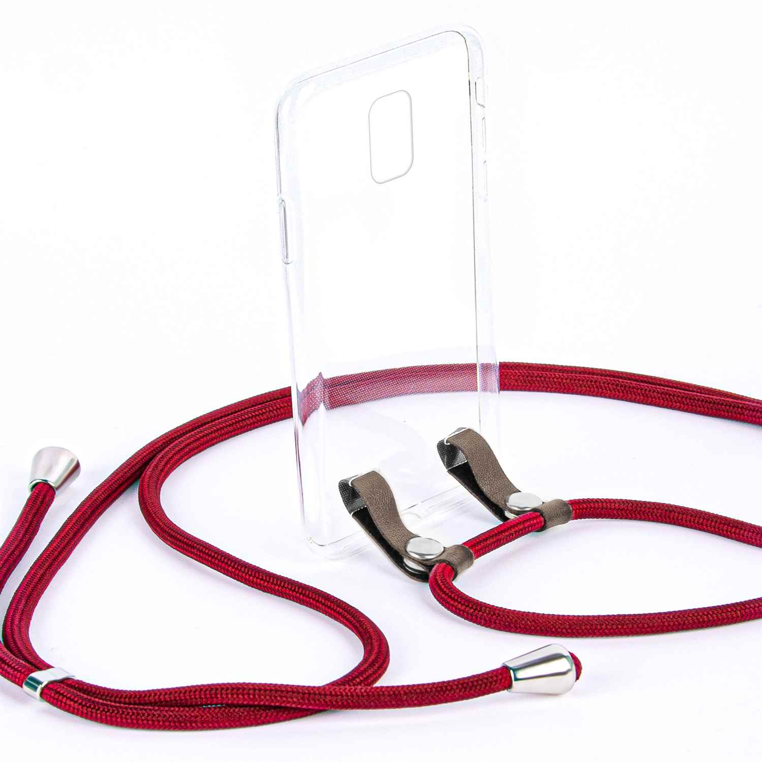 Eine transparente Handyhülle mit roter Kordel und silberner Hardware auf weißem Hintergrund.