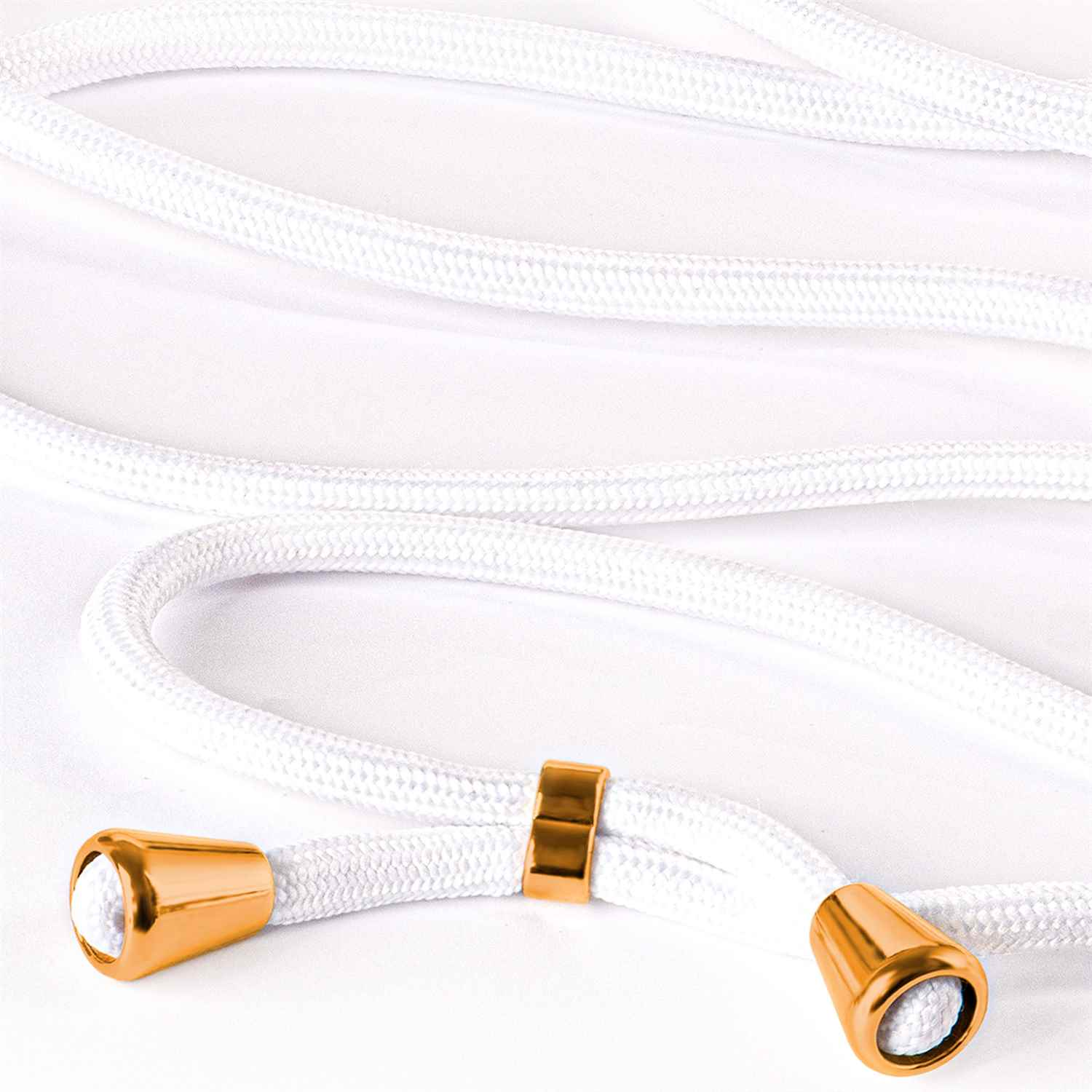 Ein weißes Telefon-Lanyard mit goldenen Akzenten und eine Nahaufnahme des Kabels.