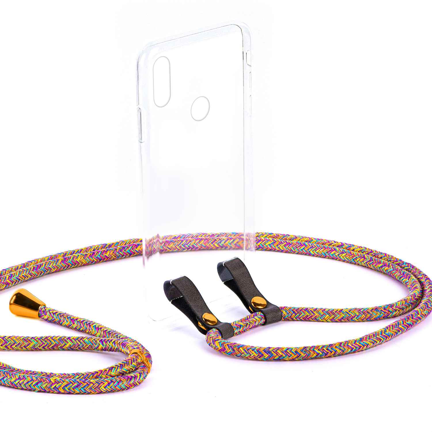 Transparente Handyhülle mit buntem Telefonriemen. Riemen ist an der Hülle.