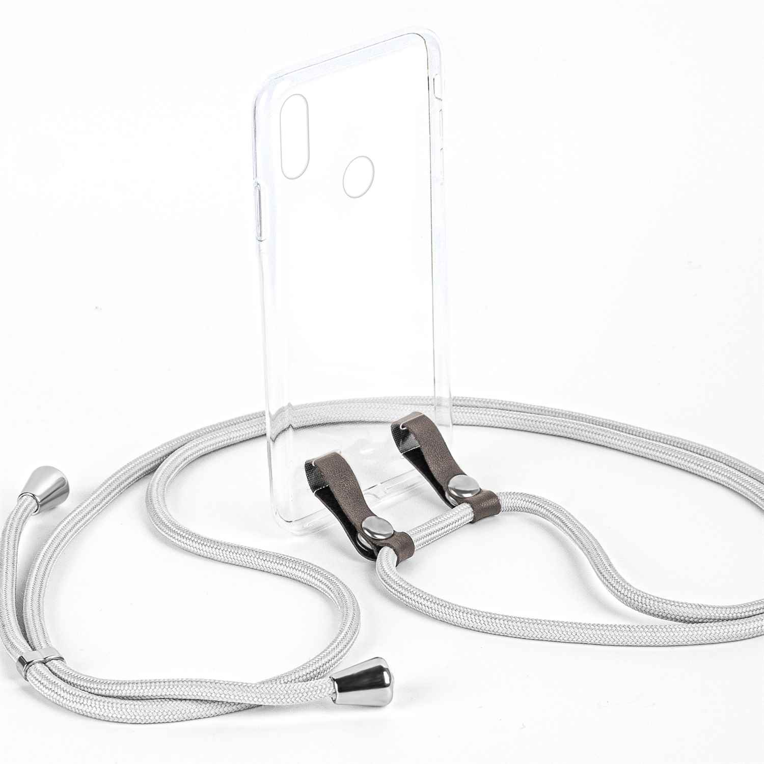 Silbernes Telefon-Lanyard mit silbernen Spitzen, transparente Handyhülle. Weißer Hintergrund.